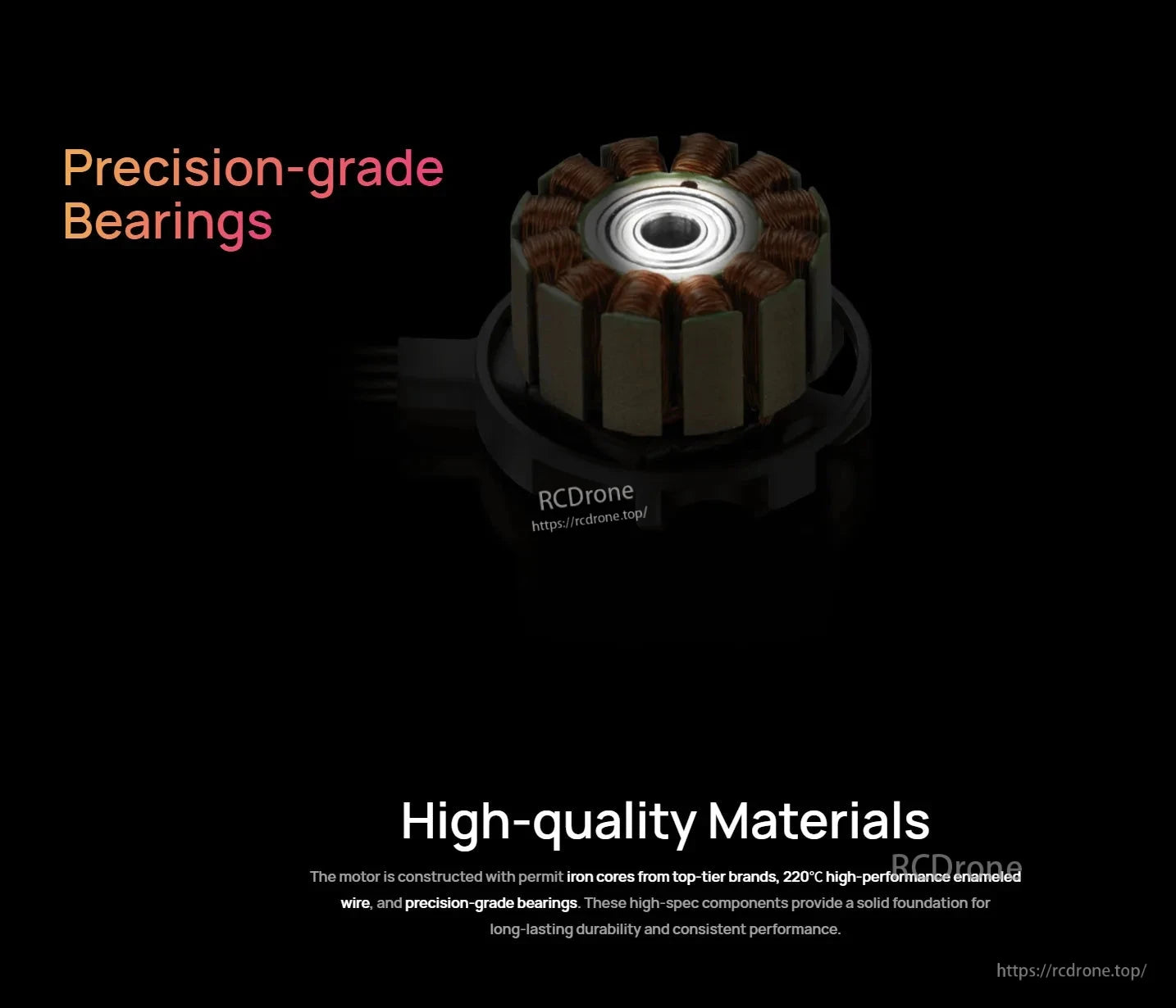 Close-up of brushless RC motor stator with copper windings and a precision-grade bearing, highlighting materials