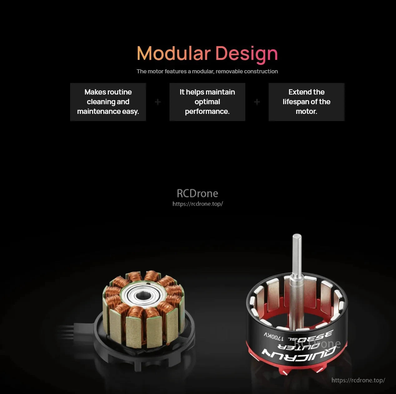 Hobbywing QUICRUN Outer 3530SL brushless motor shown disassembled, with removable can and exposed stator coils