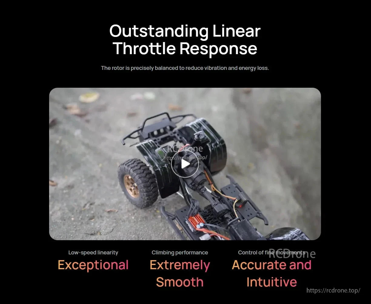 RC crawler chassis with brushless motor setup, promoting outstanding linear throttle response for smooth low-speed control