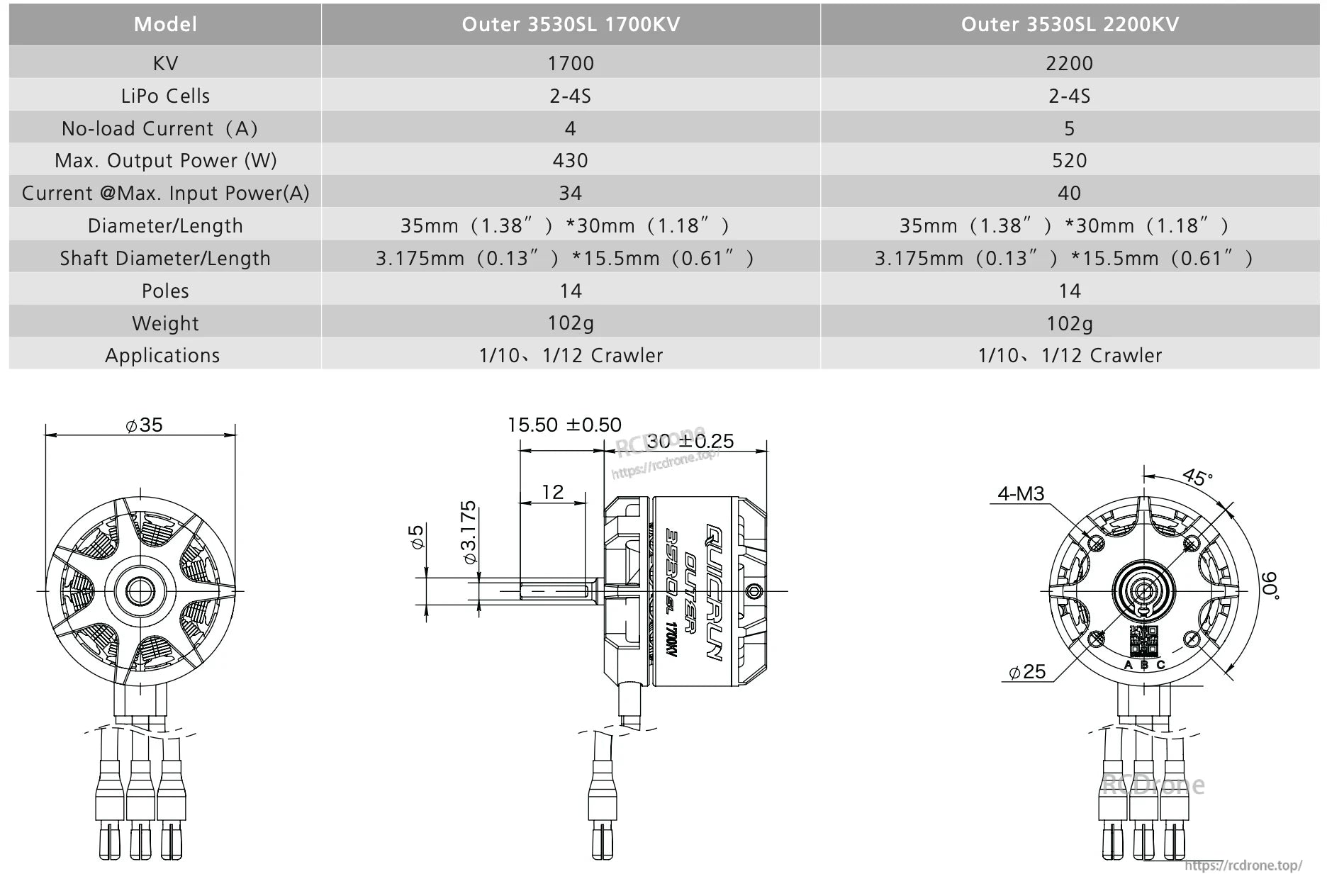 Hobbywing QUICRUN Outer 3530SL brushless motor spec table and dimension drawing for 1700KV and 2200KV models