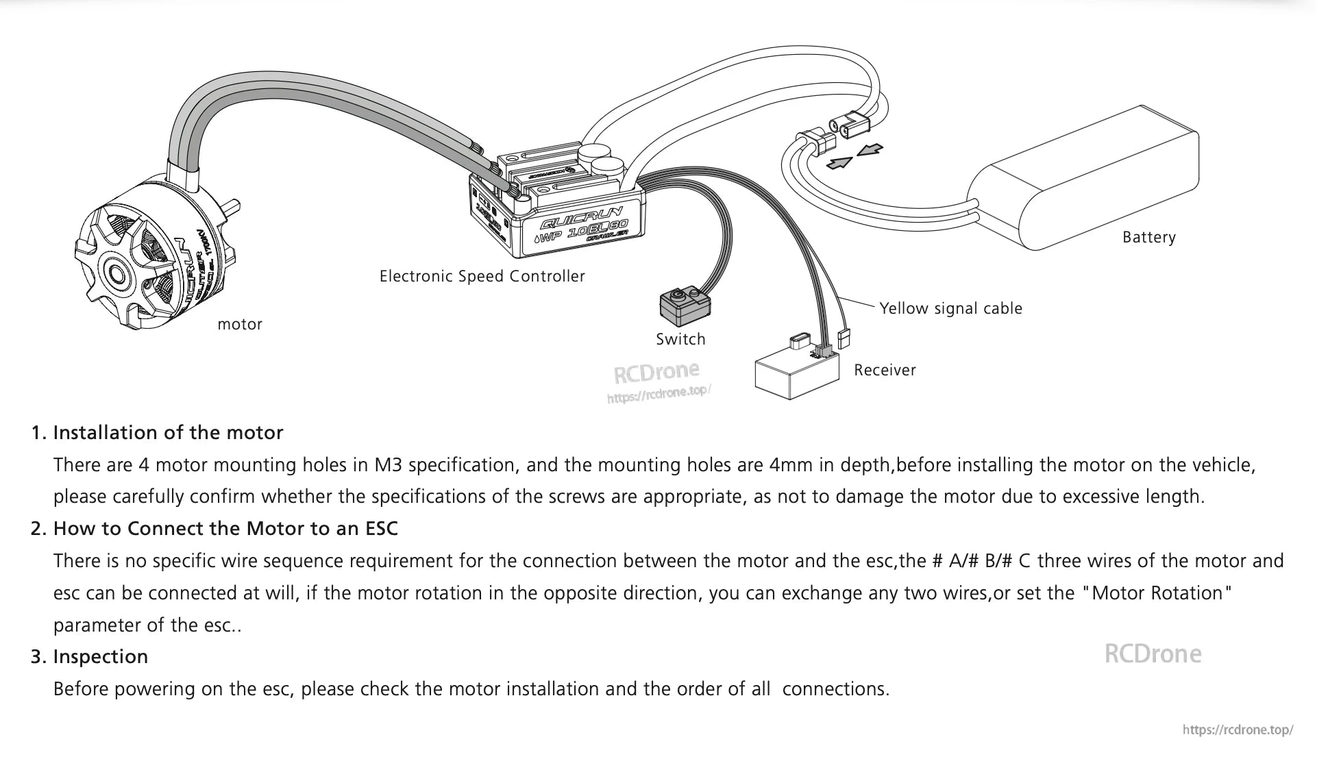 Wiring diagram for a Hobbywing QUICRUN brushless motor connected to ESC, receiver, switch, and battery