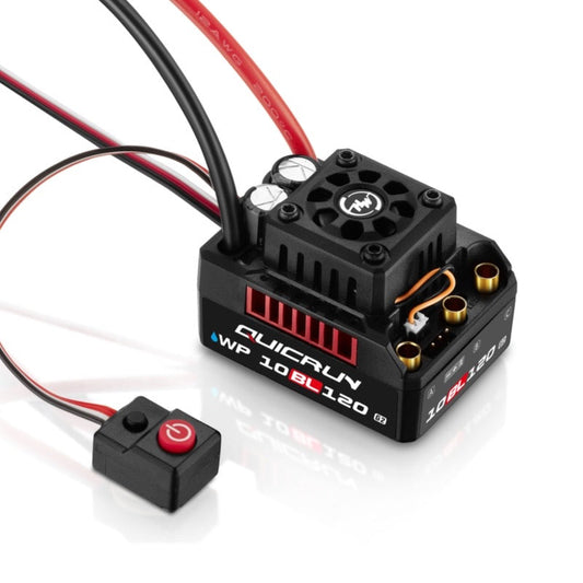 Hobbywing QUICRUN WP 10BL120 G2 ESC, Hobbywing QUICRUN WP 10BL120 G2 brushless RC ESC with cooling fan, battery leads, and push-button switch