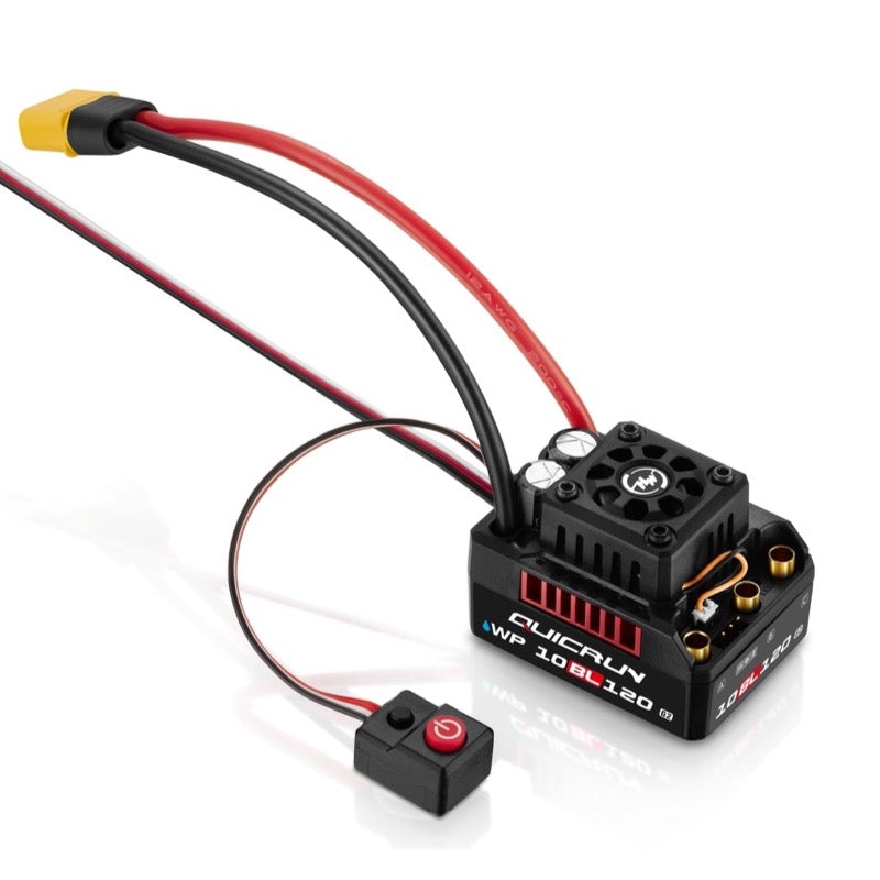 Hobbywing QUICRUN WP 10BL120 G2 ESC, Hobbywing QUICRUN WP 10BL120 G2 brushless ESC with cooling fan, XT60-style battery plug, and on/off switch