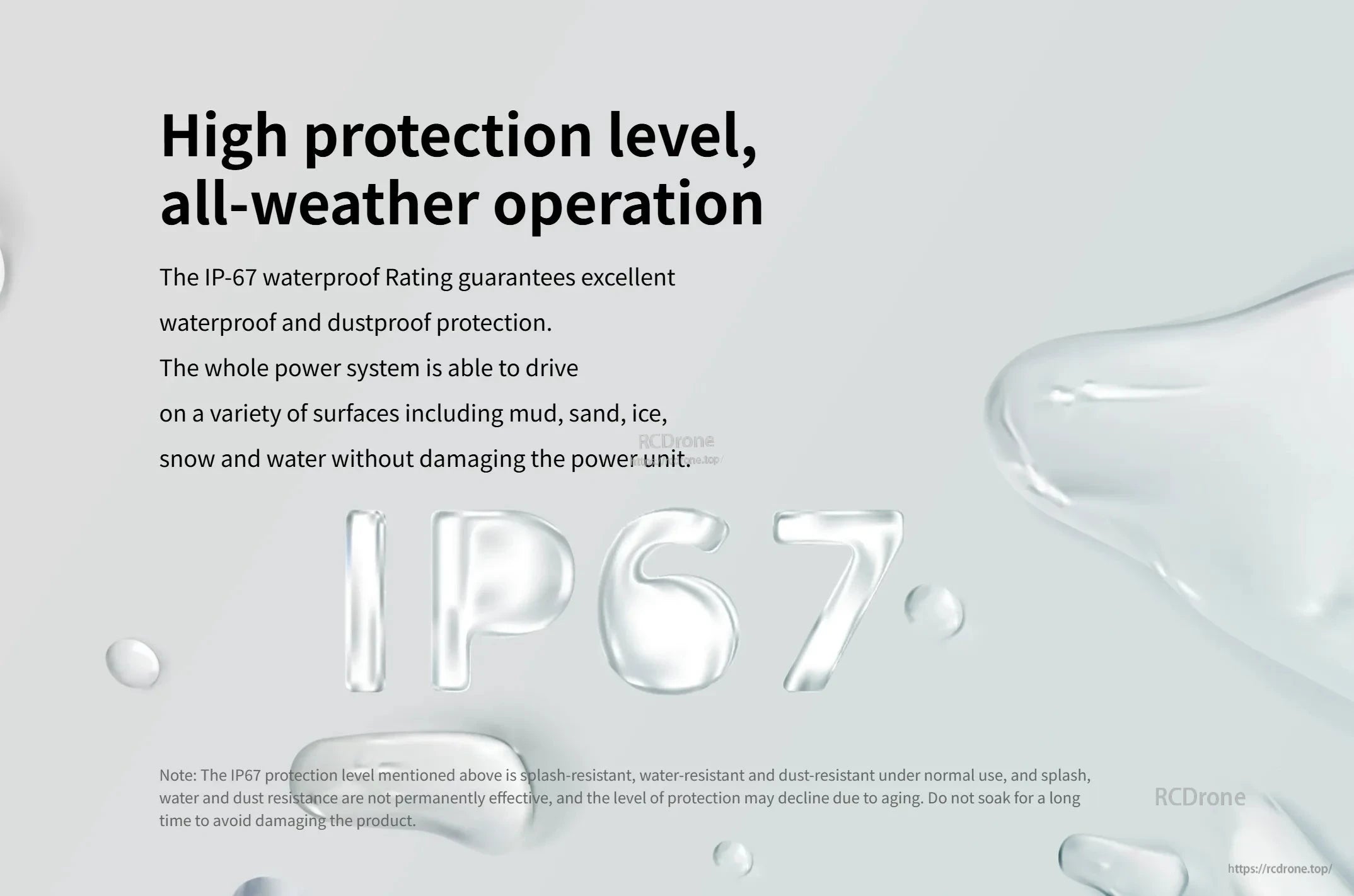 IP67 waterproof and dustproof protection graphic for Hobbywing QUICRUN WP 10BL120 G2 ESC, all-weather operation