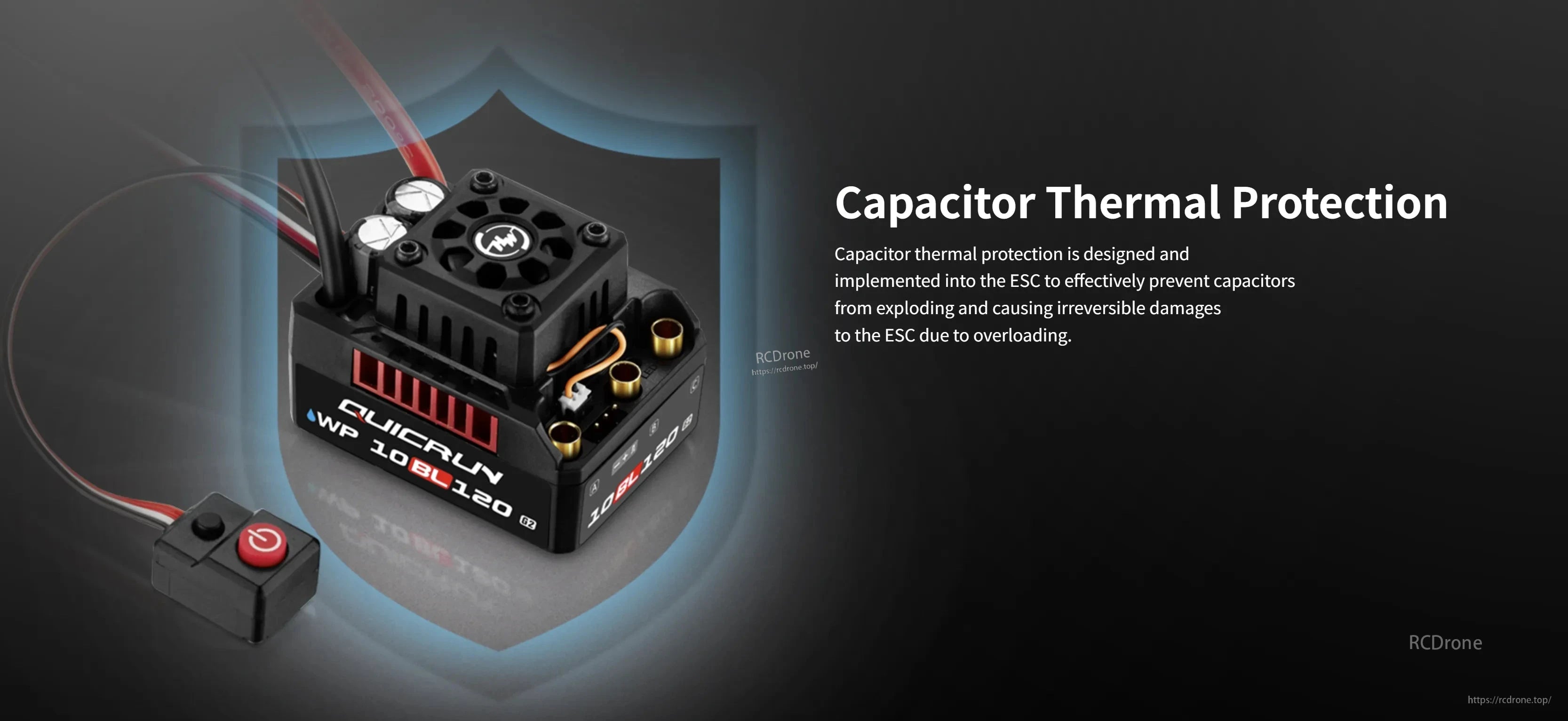 Hobbywing QUICRUN WP 10BL120 G2 ESC, Hobbywing QUICRUN WP 10BL120 G2 brushless ESC with cooling fan, red heat sink vents, and external power switch