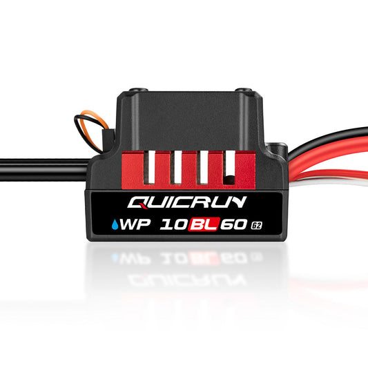 Hobbywing QUICRUN WP 10BL60 G2 brushless ESC with red heatsink and prewired battery and signal leads