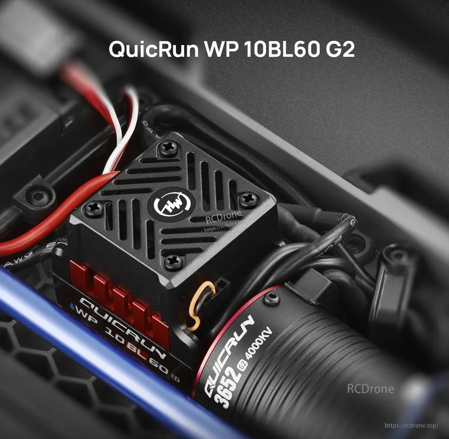 Hobbywing QuicRun WP 10BL60 G2 brushless ESC installed in RC car chassis with wired connections