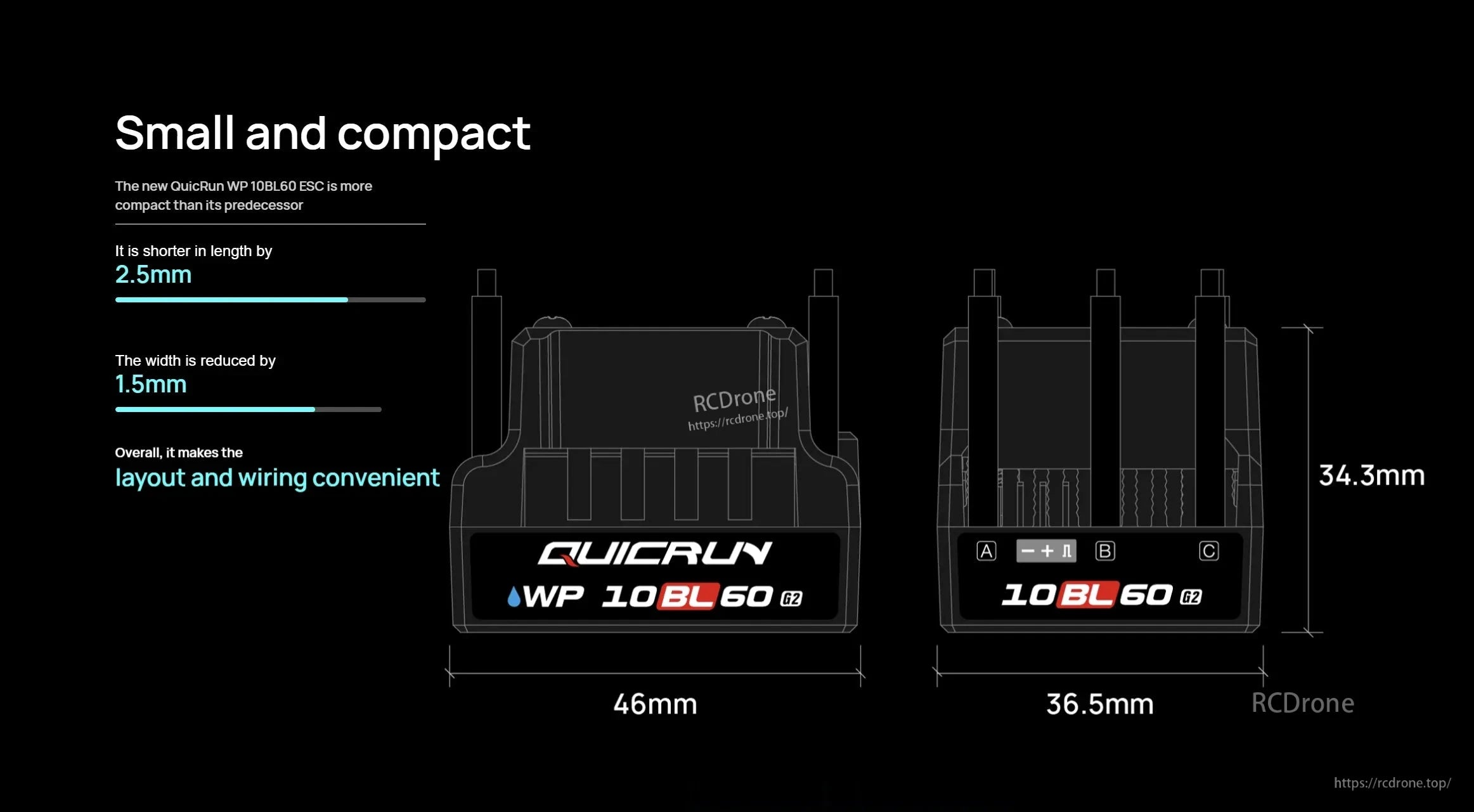 Hobbywing QuicRun WP 10BL60 G2 brushless ESC size diagram showing 46mm length, 36.5mm width, 34.3mm height