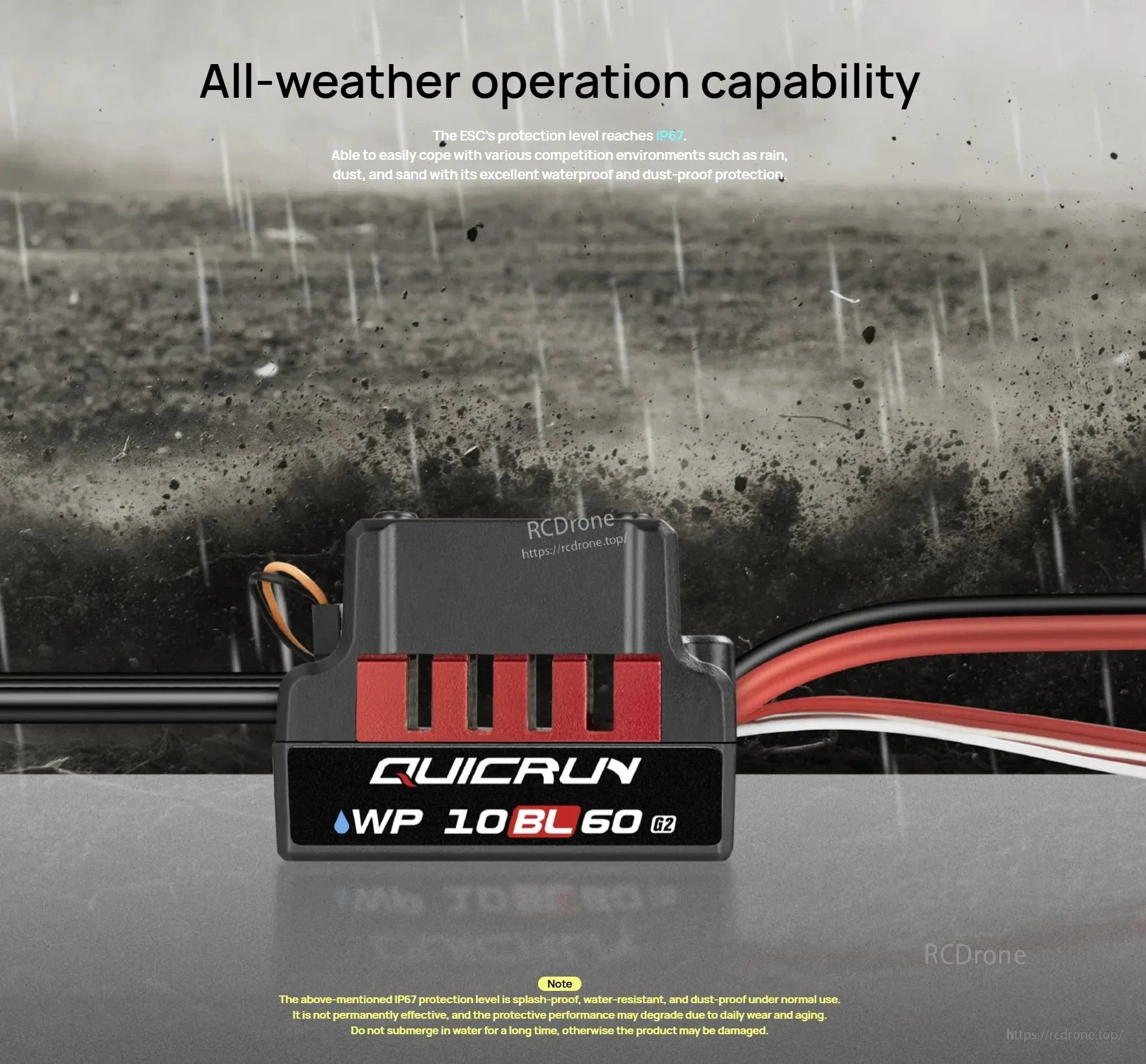 Hobbywing QUICRUN WP 10BL60 G2 brushless ESC with attached wires, labeled IP67 all-weather operation