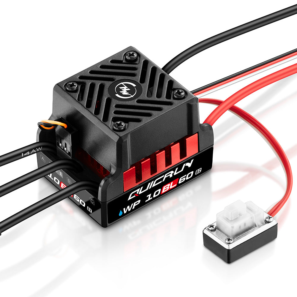 Hobbywing QUICRUN WP 10BL60 G2 brushless ESC with cooling fan, labeled case, and external power switch