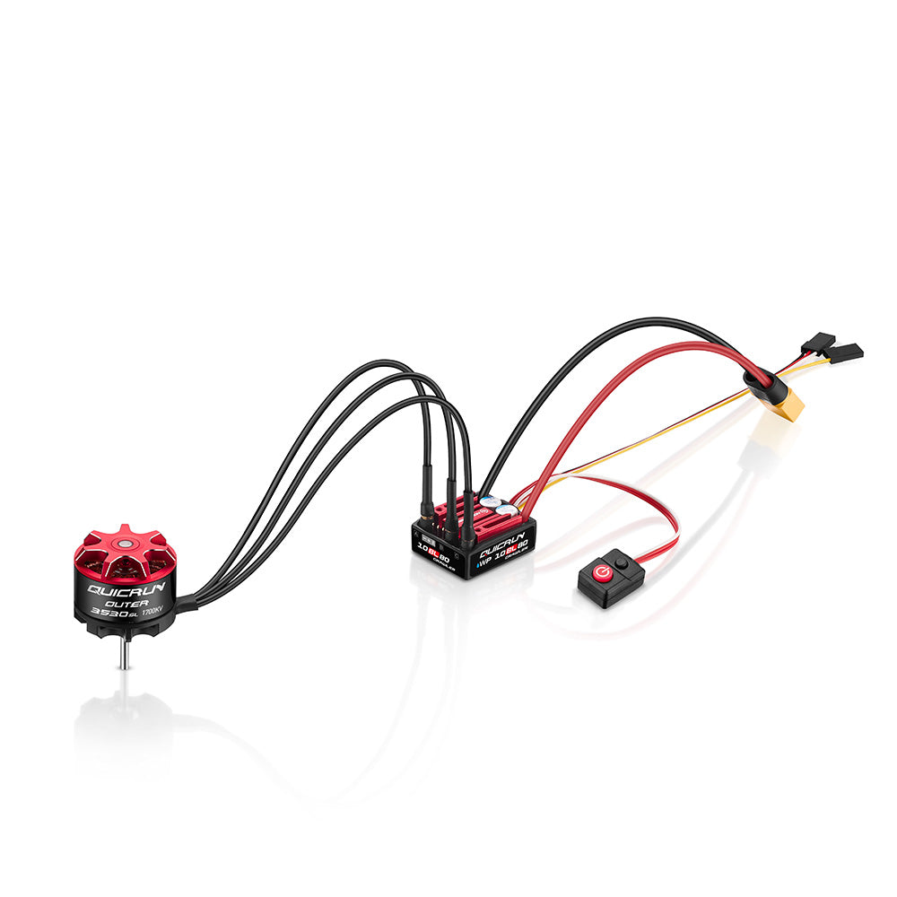 Hobbywing QUICRUN WP 10BL80 crawler ESC combo with brushless motor, wiring harness, and on/off switch