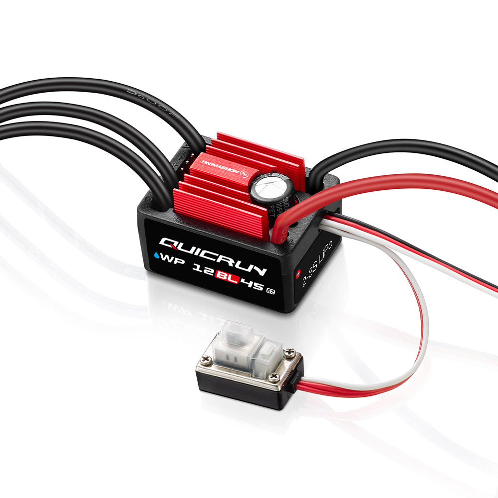 Hobbywing QUICRUN WP 12BL45 G2 ESC, Hobbywing QUICRUN WP 12BL45 G2 brushless ESC with red heatsink, power leads, and external on/off switch
