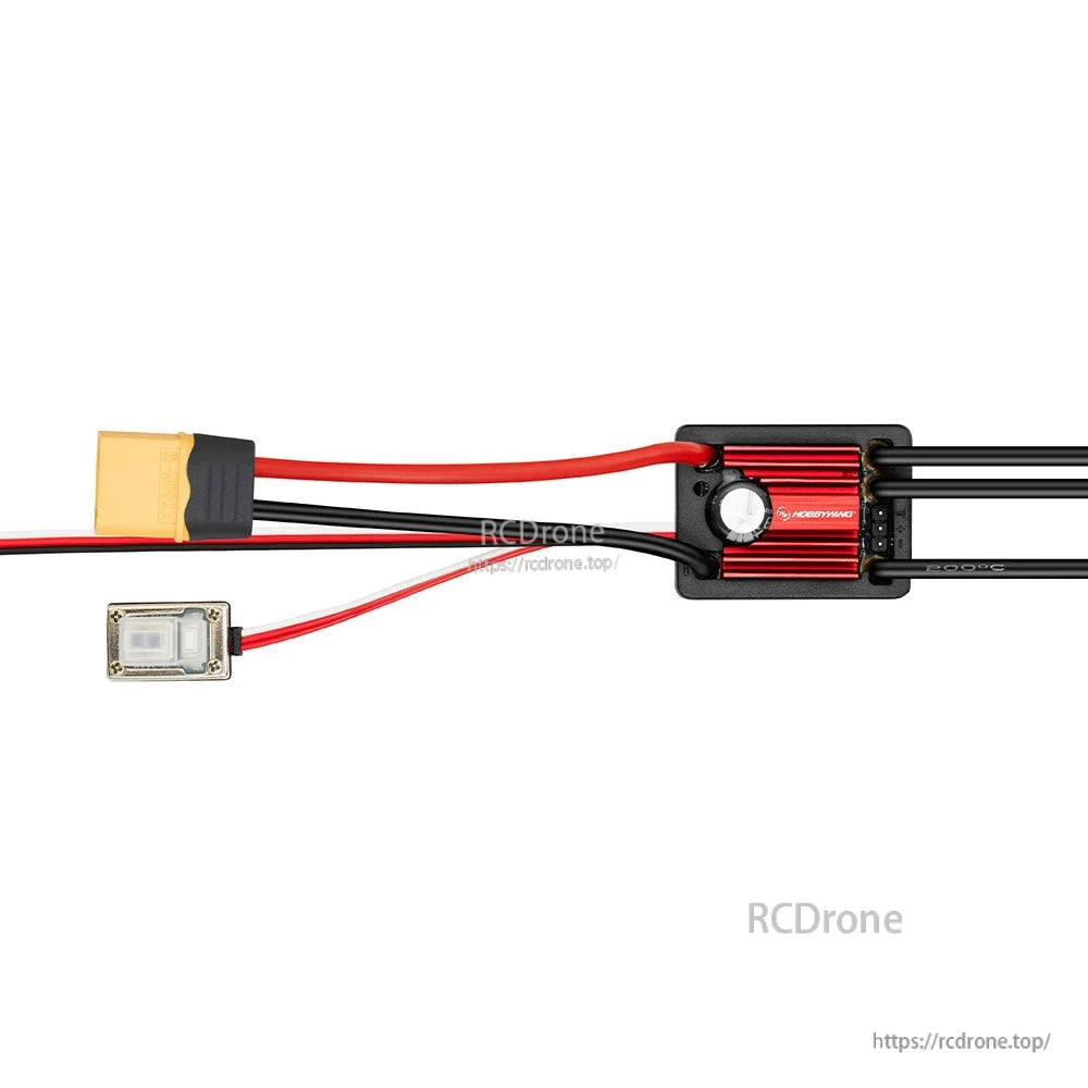 Hobbywing QUICRUN WP 12BL45 G2 ESC, Hobbywing QUICRUN WP 12BL45 G2 brushless ESC with red heatsink, XT60-style plug, and external switch
