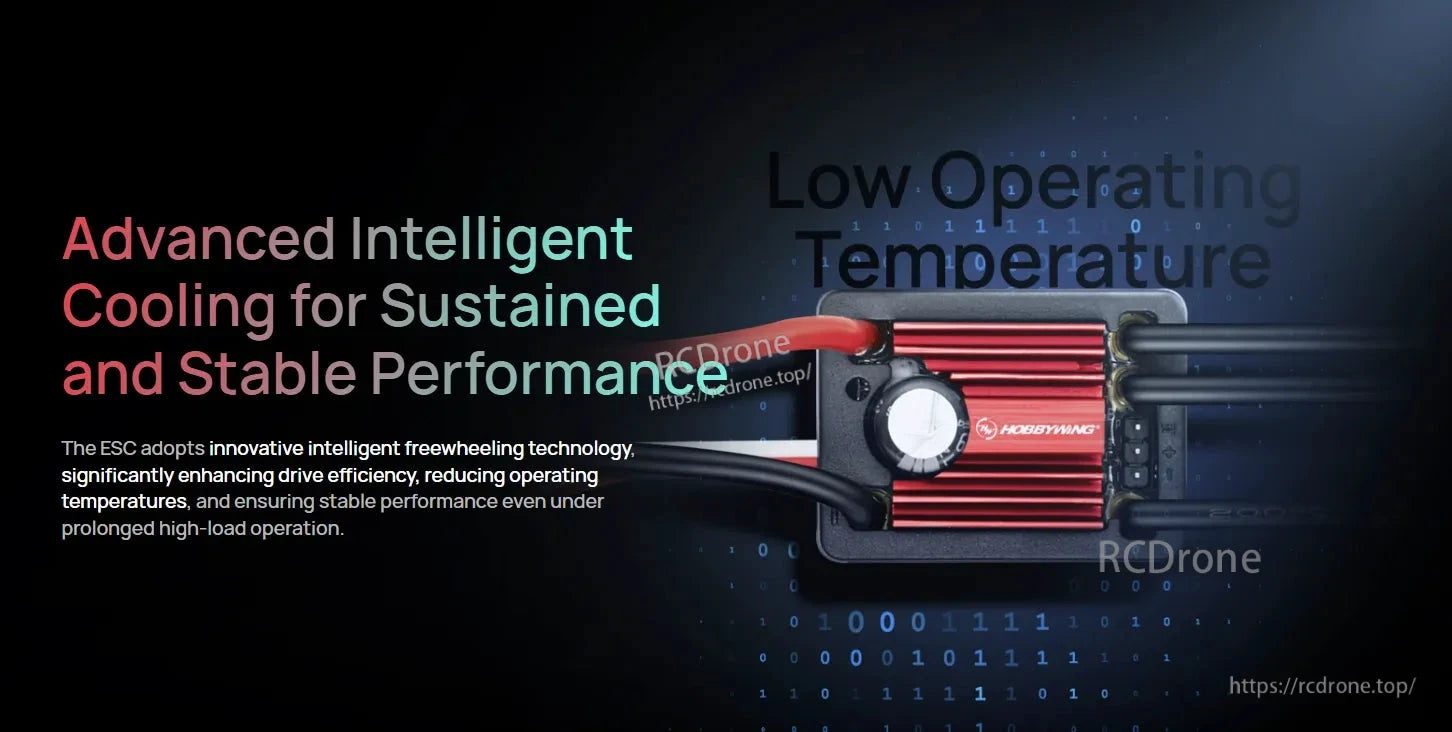 Hobbywing QUICRUN WP 12BL45 G2 ESC with red heatsink and connected power leads, promoting low operating temperature