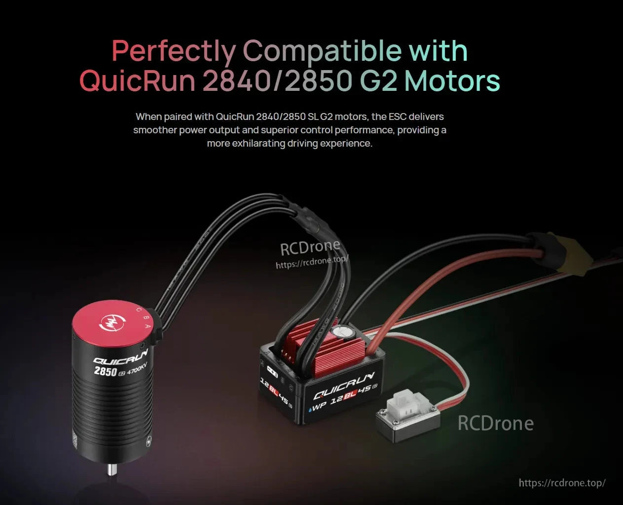 Hobbywing QUICRUN WP 12BL45 G2 ESC with wiring and QuicRun 2850 G2 brushless motor and switch module