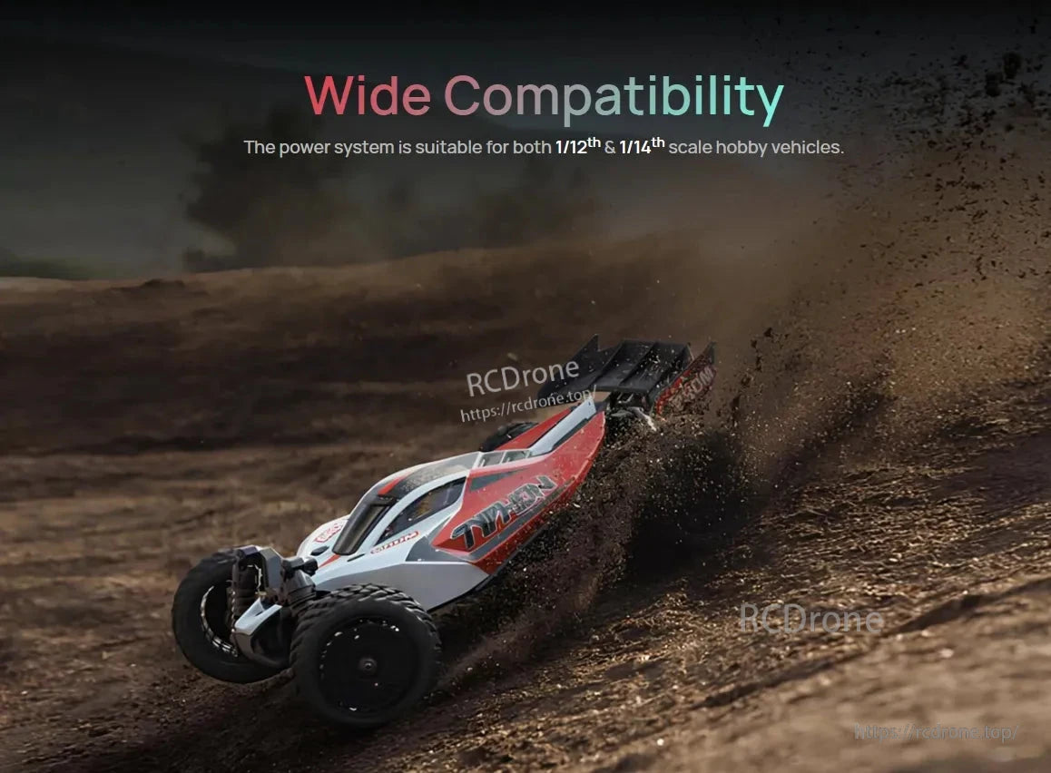 Wide compatibility graphic for Hobbywing QUICRUN WP 12BL45 G2 ESC, suitable for 1/12 and 1/14 scale RC vehicles.