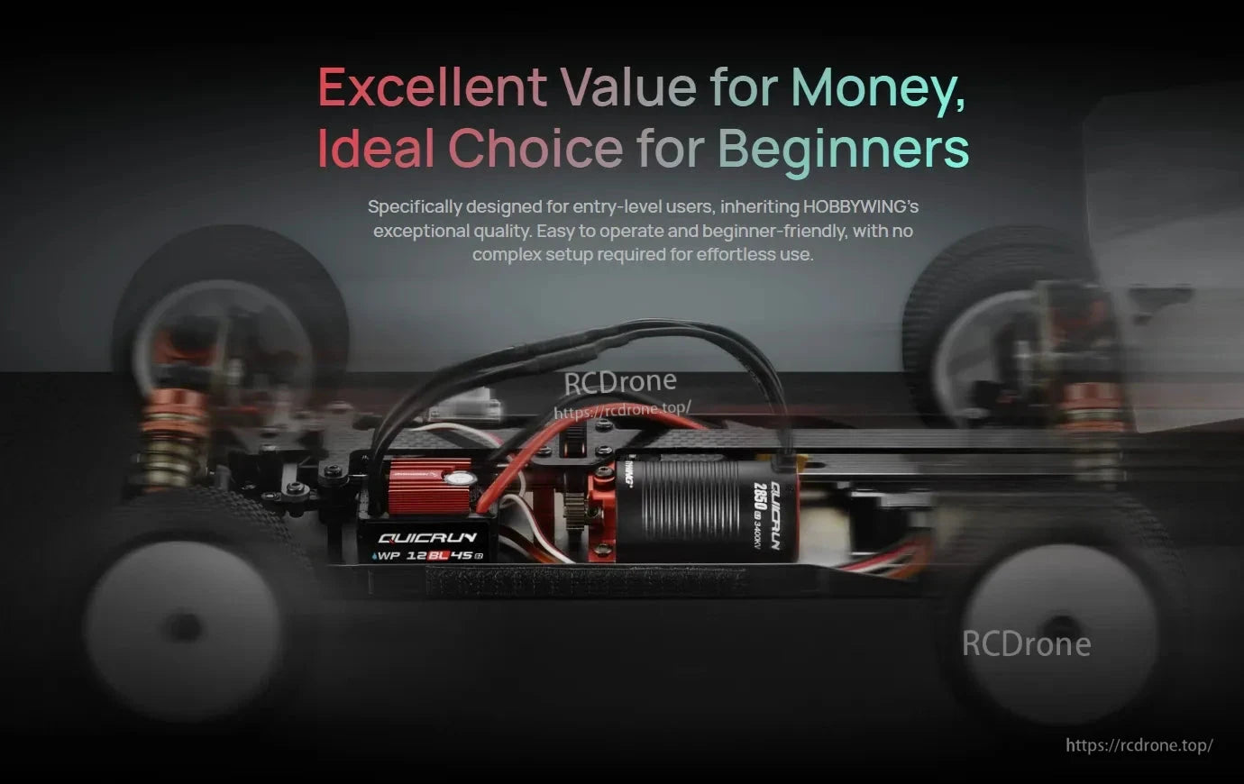 Hobbywing QUICRUN WP 12BL45 G2 ESC installed on an RC car chassis next to a brushless motor and wiring