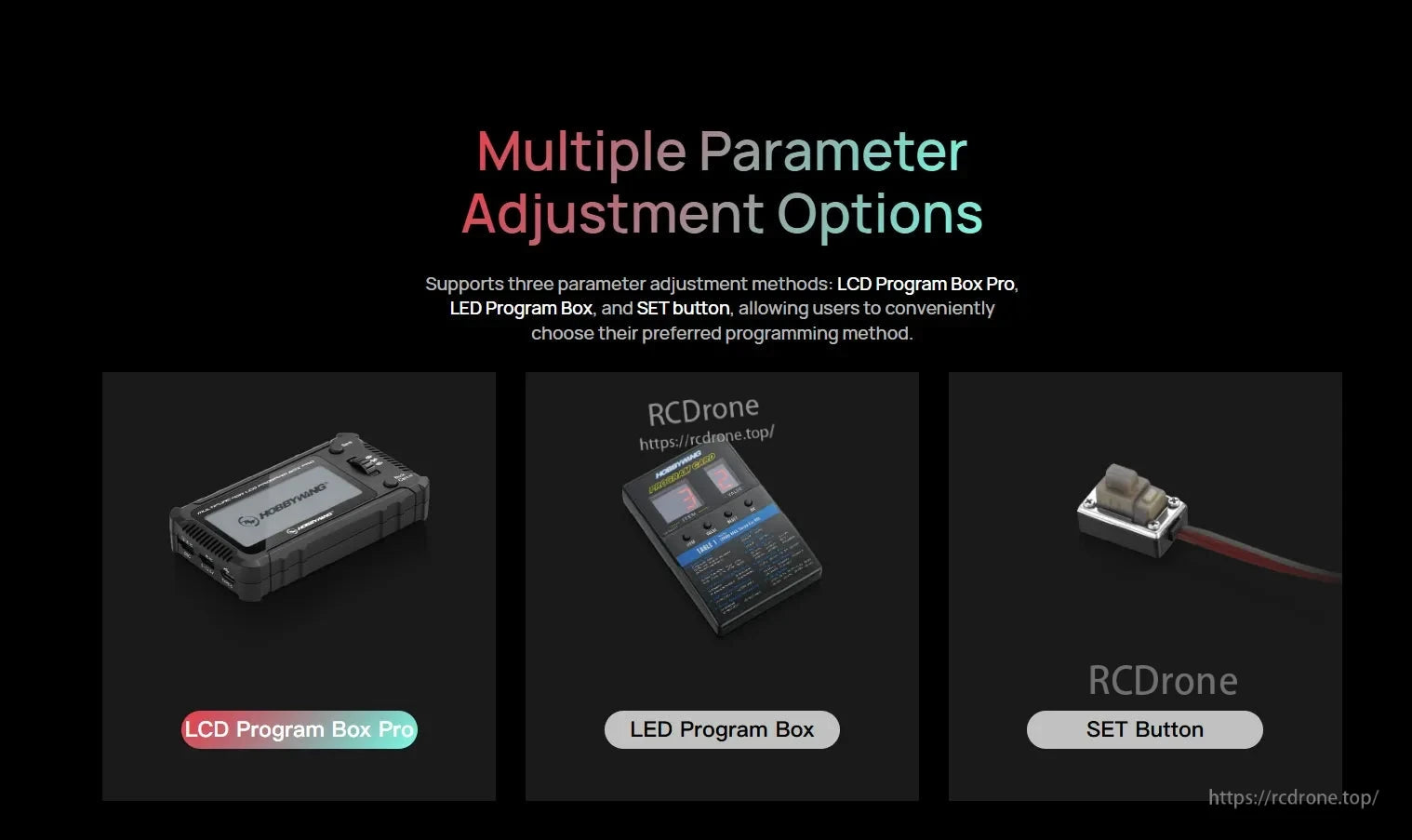 Graphic showing Hobbywing QUICRUN WP 12BL45 G2 ESC parameter adjustment options: LCD Program Box Pro, LED box, or SET button.