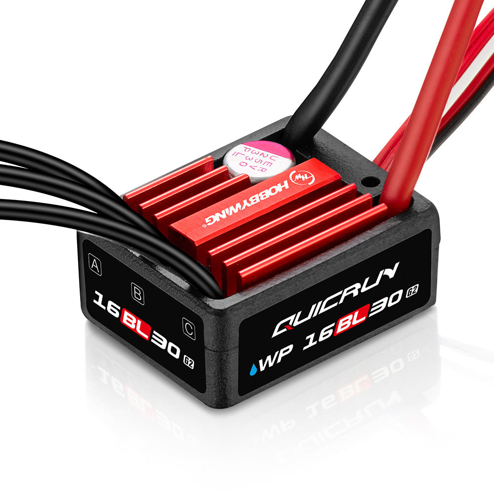 Hobbywing QUICRUN WP 16BL30 G2 ESC, Hobbywing QUICRUN WP 16BL30 G2 brushless ESC with red heatsink and labeled A/B/C motor wire ports