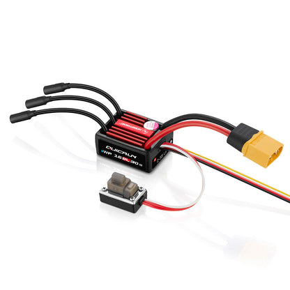 Hobbywing QUICRUN WP 16BL30 G2 ESC with red heatsink, XT60 plug, three motor leads, and on/off switch