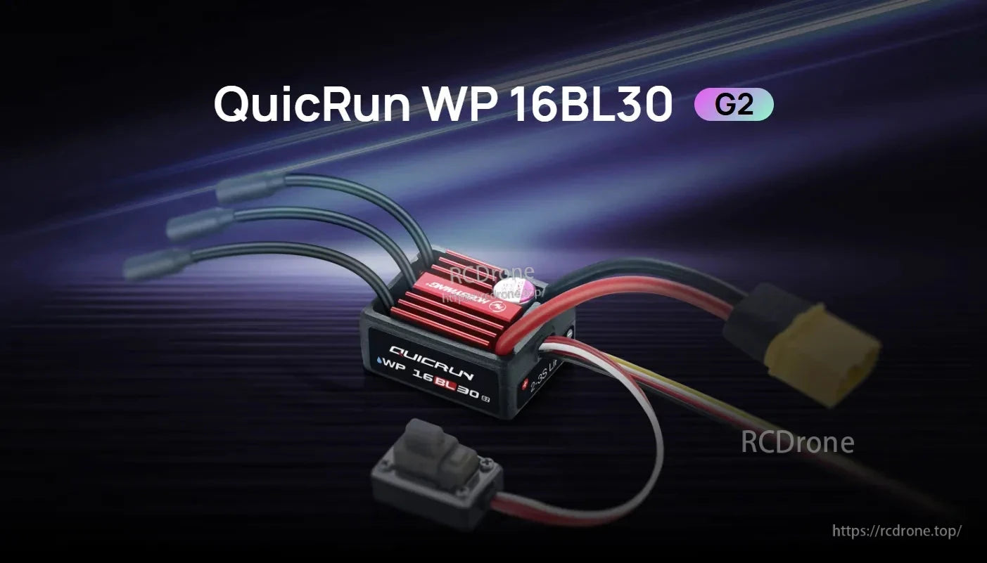 Hobbywing QUICRUN WP 16BL30 G2 ESC, Hobbywing QuicRun WP 16BL30 G2 brushless RC ESC with red heatsink, motor leads, and battery connector