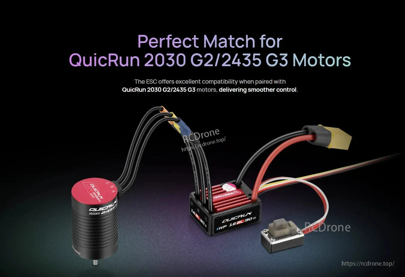 Hobbywing QuicRun WP 16BL30 G2 ESC with wired switch and XT60 battery lead, paired with QuicRun motor