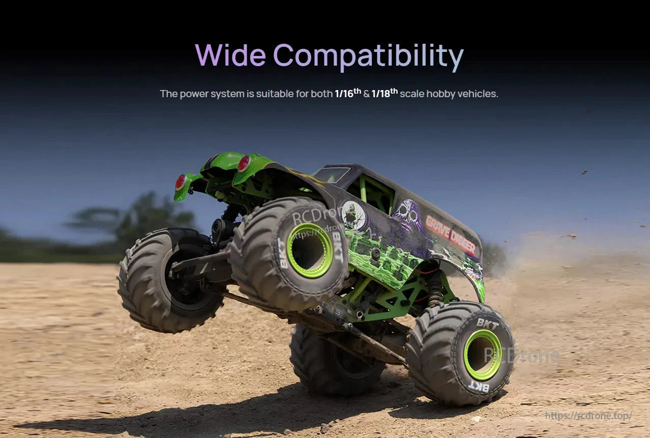 Hobbywing QUICRUN WP 16BL30 G2 ESC, RC monster truck on dirt with text noting compatibility for 1/16 and 1/18 scale hobby vehicles