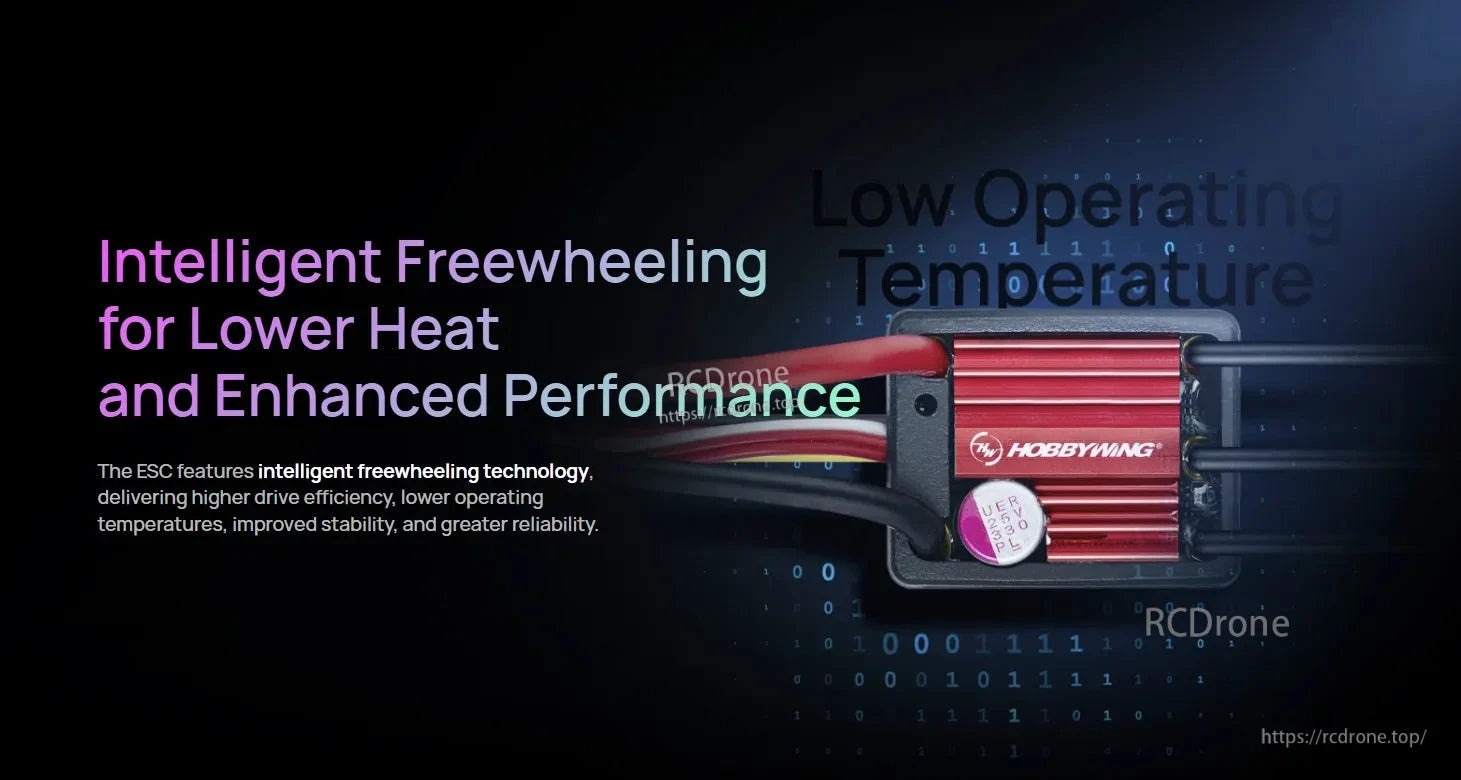 Hobbywing QUICRUN WP 16BL30 G2 ESC with red heatsink and connected power wires, promoting intelligent freewheeling