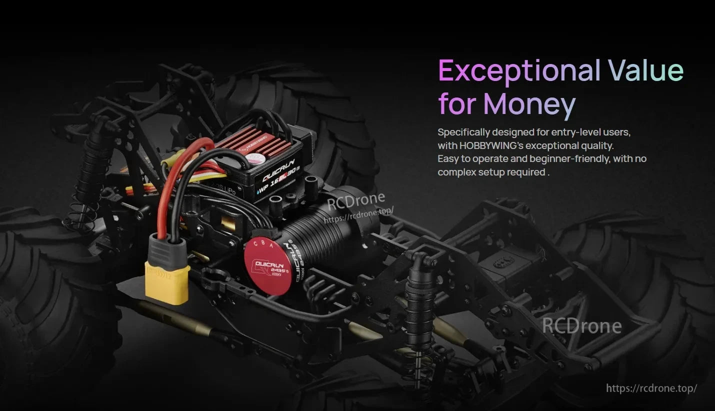 Hobbywing QUICRUN WP 16BL30 G2 ESC, Hobbywing QUICRUN WP 16BL30 G2 brushless ESC installed on an RC car chassis with wired leads and XT60 plug