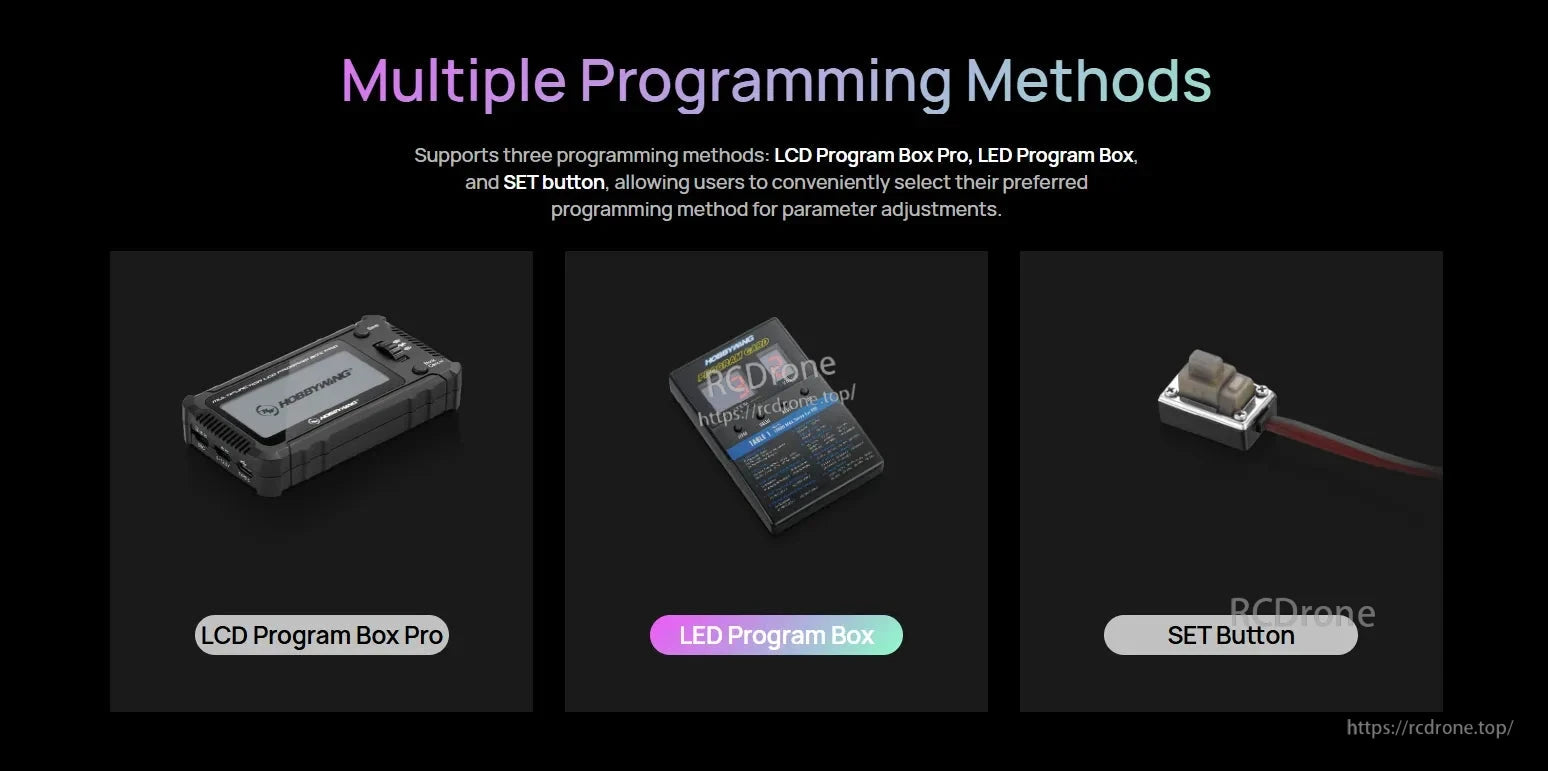 Hobbywing QUICRUN WP 16BL30 G2 ESC programming options: LCD Program Box Pro, LED Program Box, and SET button