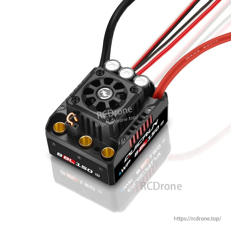 Hobbywing QUICRUN WP 8BL150 G2 ESC, Hobbywing QUICRUN WP 8BL150 ESC with cooling fan, three gold motor bullet ports, and heavy-gauge power leads