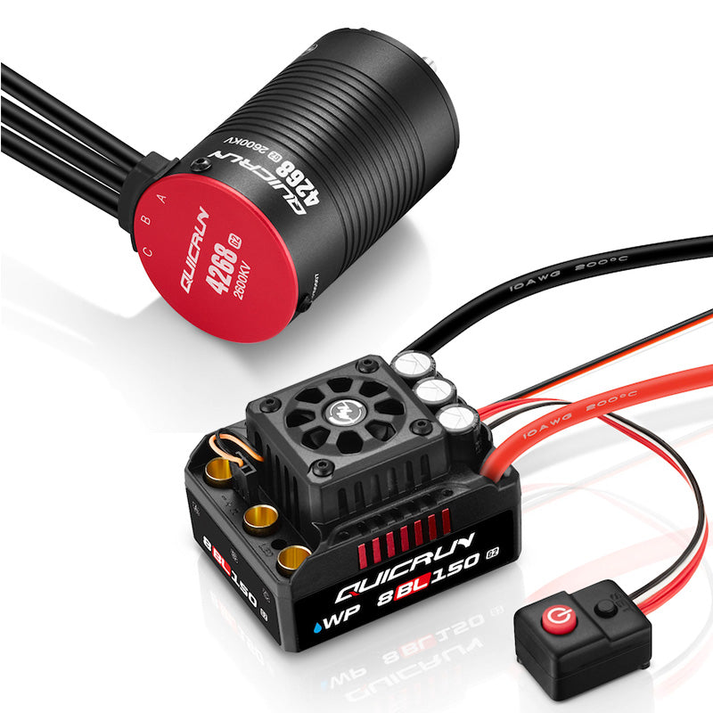 Hobbywing QUICRUN WP 8BL150 G2 ESC with cooling fan, power leads, switch, and a Quicrun 4268 motor