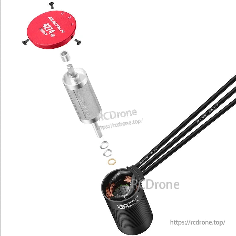 Hobbywing QUICRUN WP 8BL150 G2 ESC, Exploded view of QUICRUN 4274 2000KV brushless motor with rotor, end cap, screws, washers, and lead wires