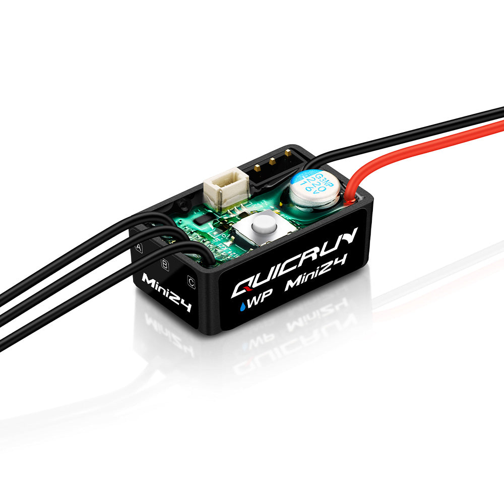 Hobbywing QUICRUN WP Mini24 ESC with labeled case, power leads, motor wires, and onboard setup button