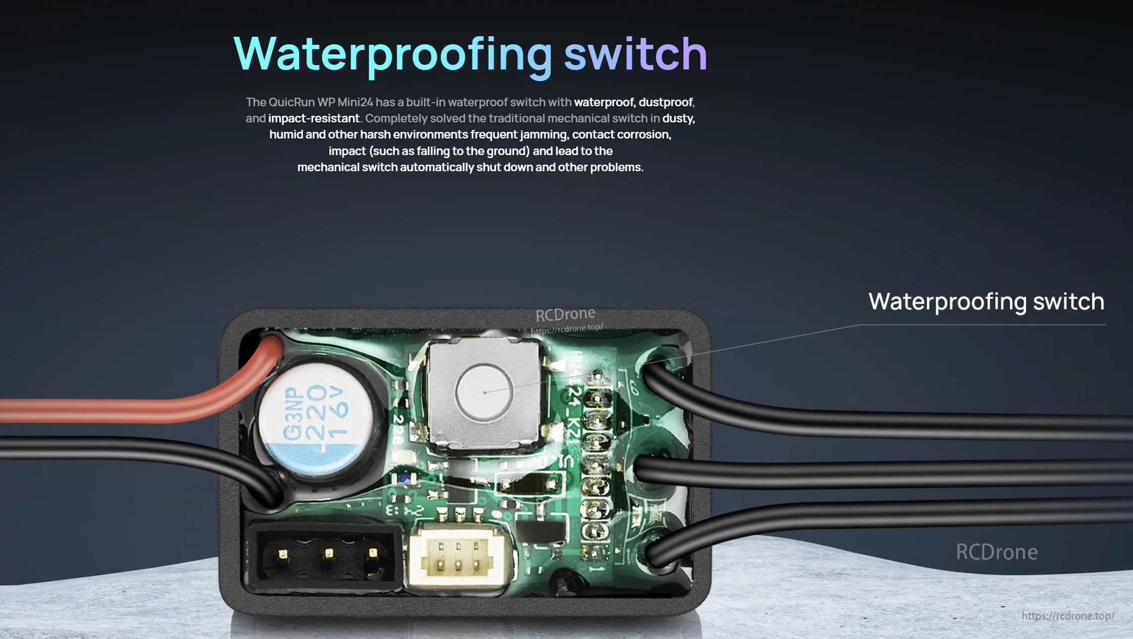 Close-up of Hobbywing QUICRUN WP Mini24 ESC circuit board with built-in waterproofing switch and wiring connections