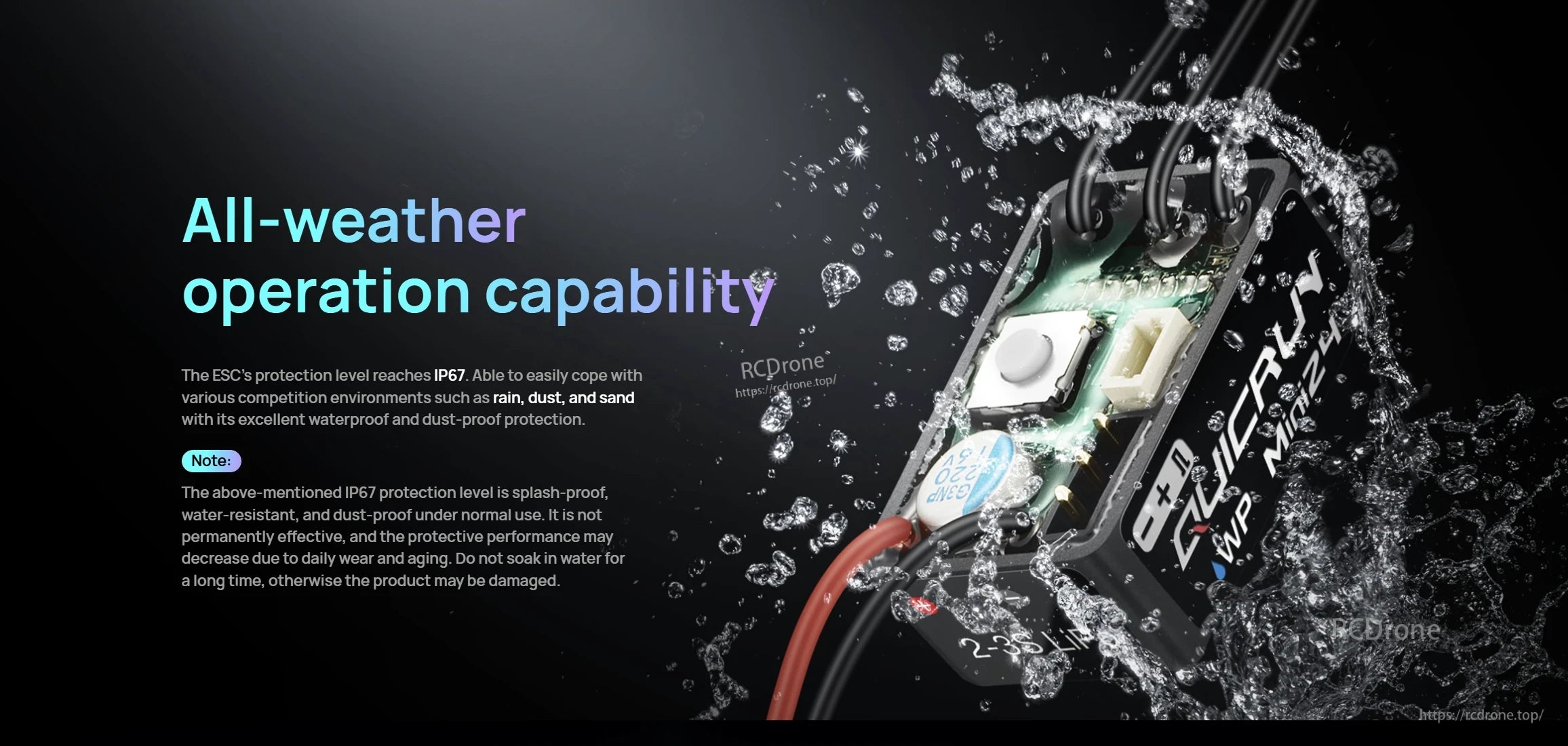 Hobbywing QUICRUN WP Mini24 ESC with exposed board and wiring, promoting IP67 all-weather waterproof and dustproof protection