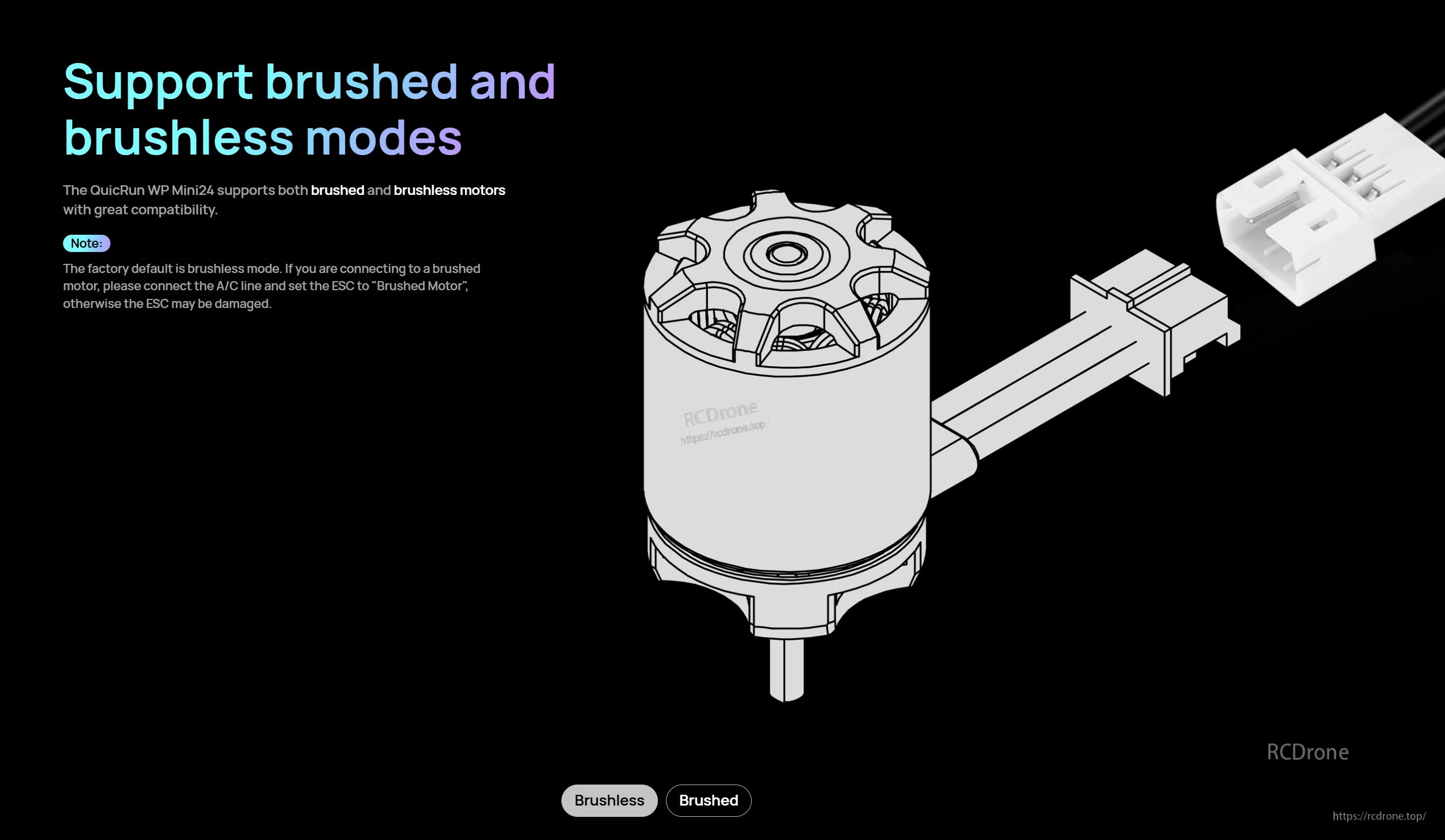 Graphic noting Hobbywing QuicRun WP Mini24 ESC supports brushed and brushless motor modes, with connector detail