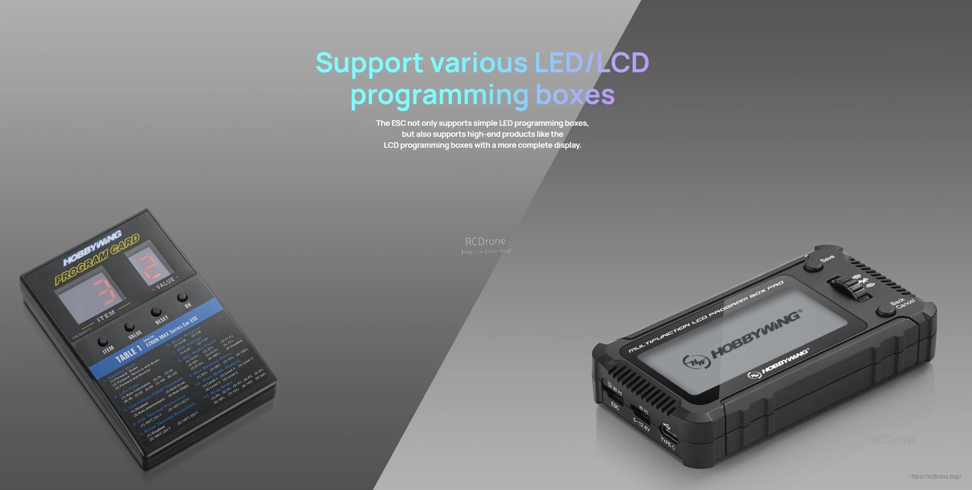 Hobbywing QUICRUN WP Mini24 ESC, Hobbywing LED program card and multifunction LCD program box for setting up the QUICRUN WP Mini24 ESC