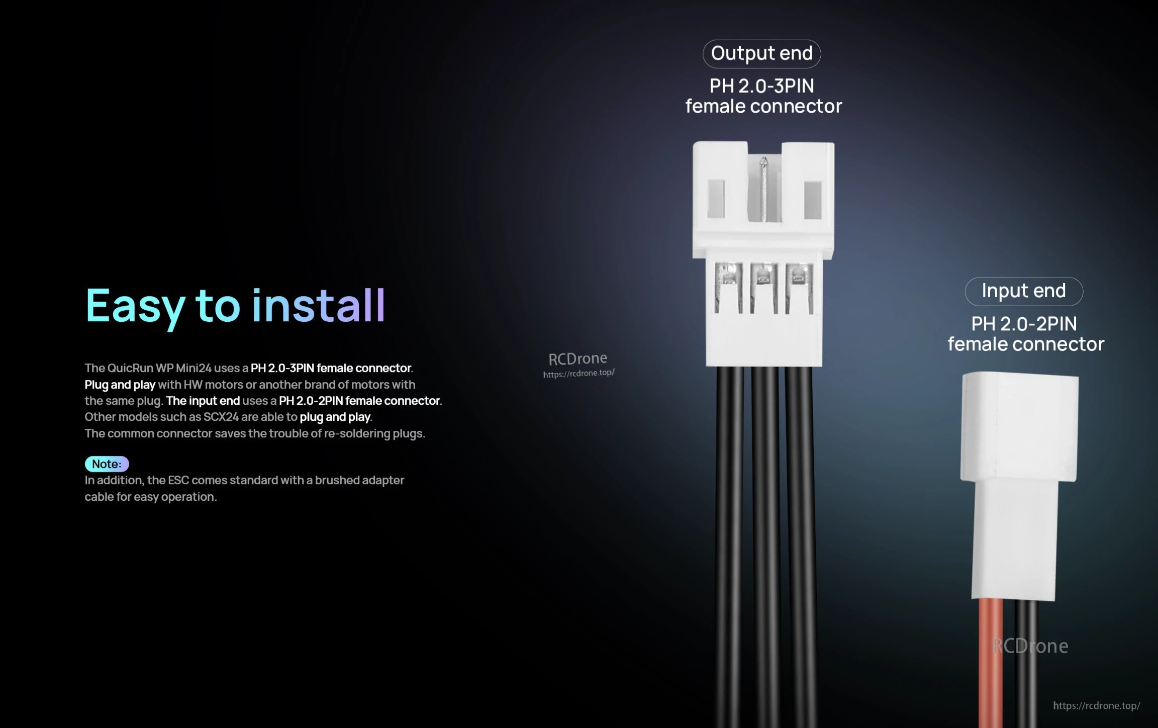 Hobbywing QuicRun WP Mini24 ESC plug connectors with PH2.0 3-pin output and PH2.0 2-pin input ends