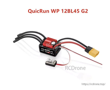 Hobbywing QuicRun WP 12BL45 G2 brushless ESC with on/off switch, motor leads, and XT60 battery plug