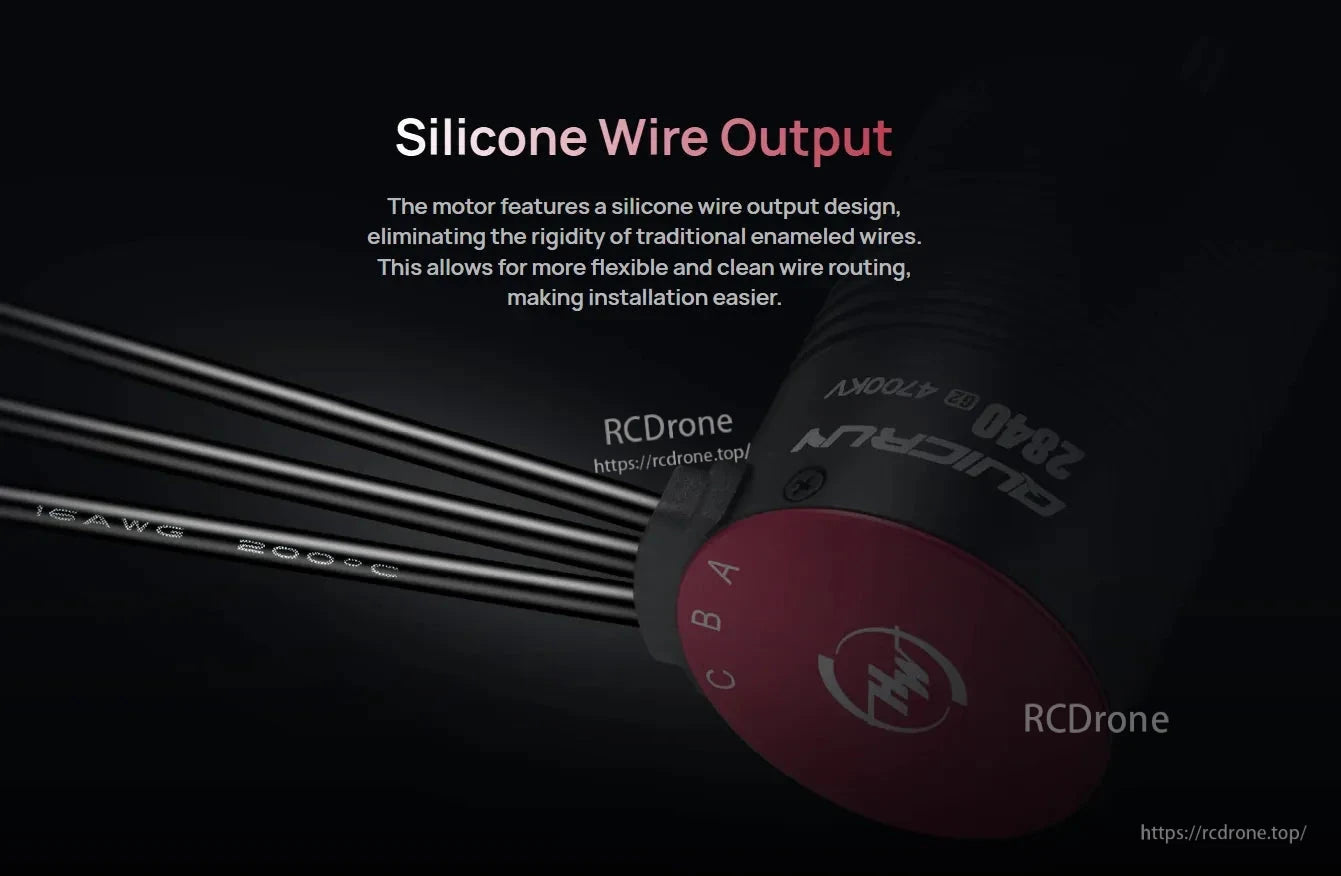 Hobbywing QuicRun 2840SL G2 brushless motor with silicone wire output leads labeled A, B and C