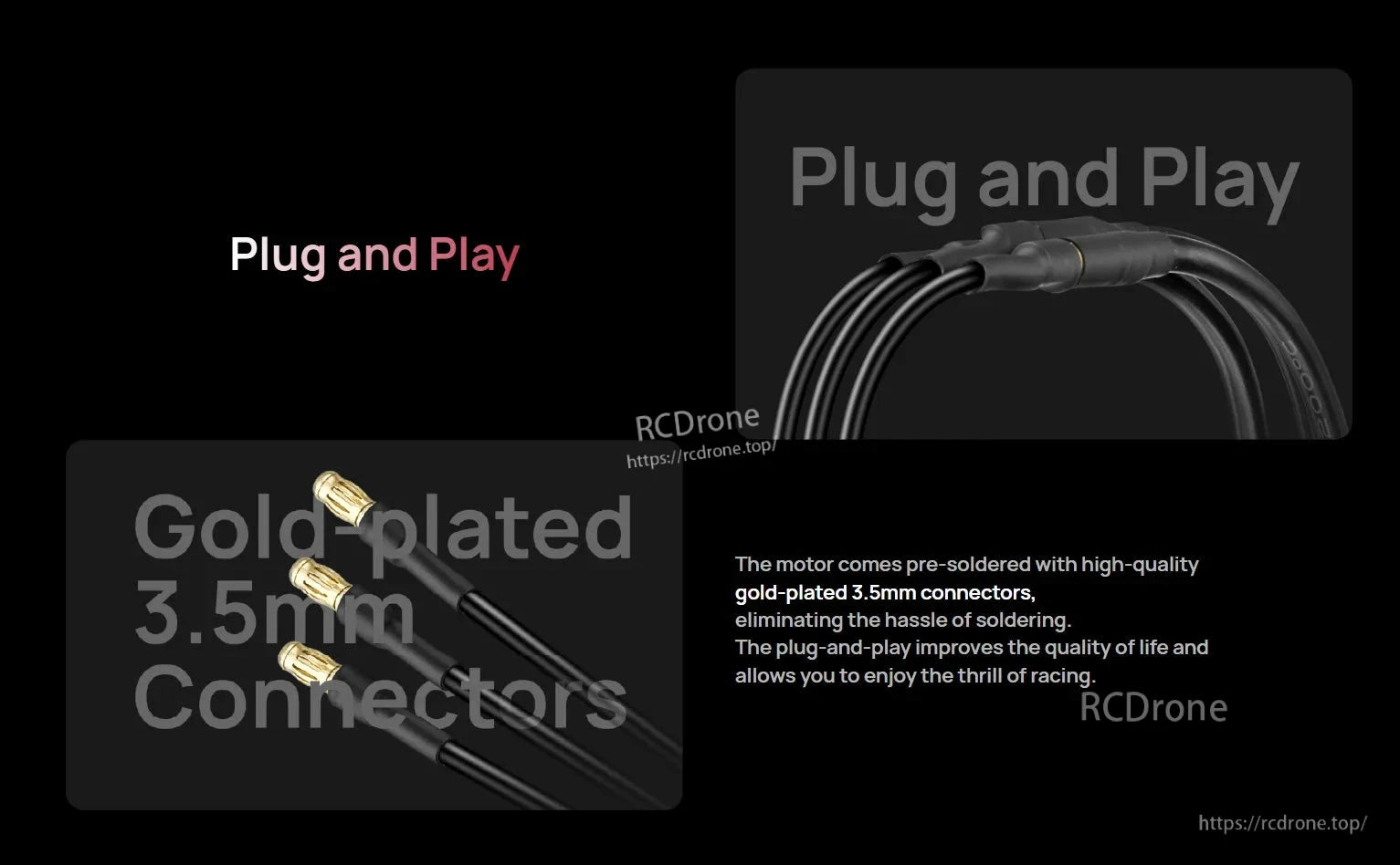 Hobbywing QuicRun brushless motor wiring with pre-soldered gold-plated 3.5mm bullet connectors for plug-and-play