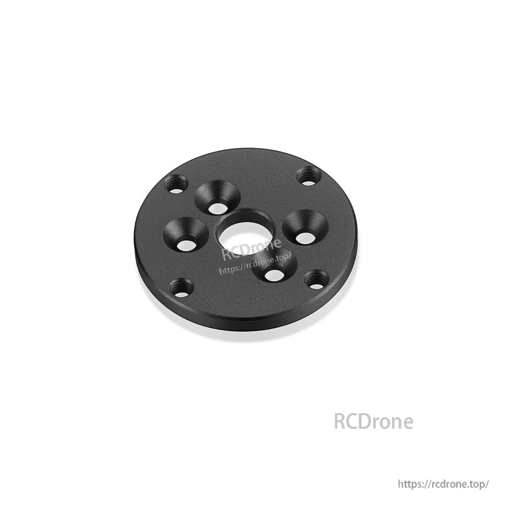 Black round metal mounting plate with countersunk and threaded holes for RC motor or accessory installation