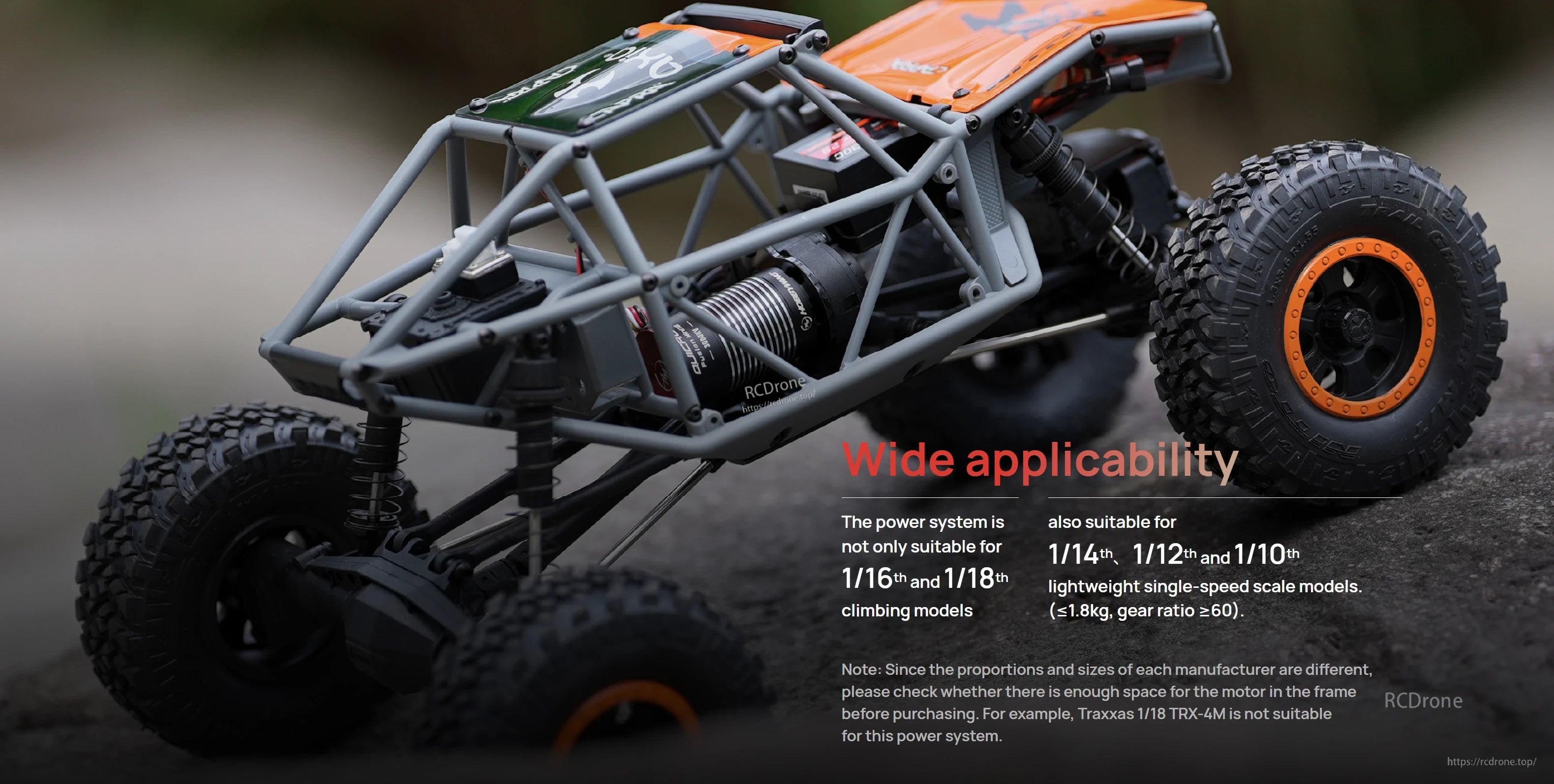 RC crawler with Hobbywing QuicRun Fusion Mini16 2-in-1 brushless motor/ESC installed, wide applicability note