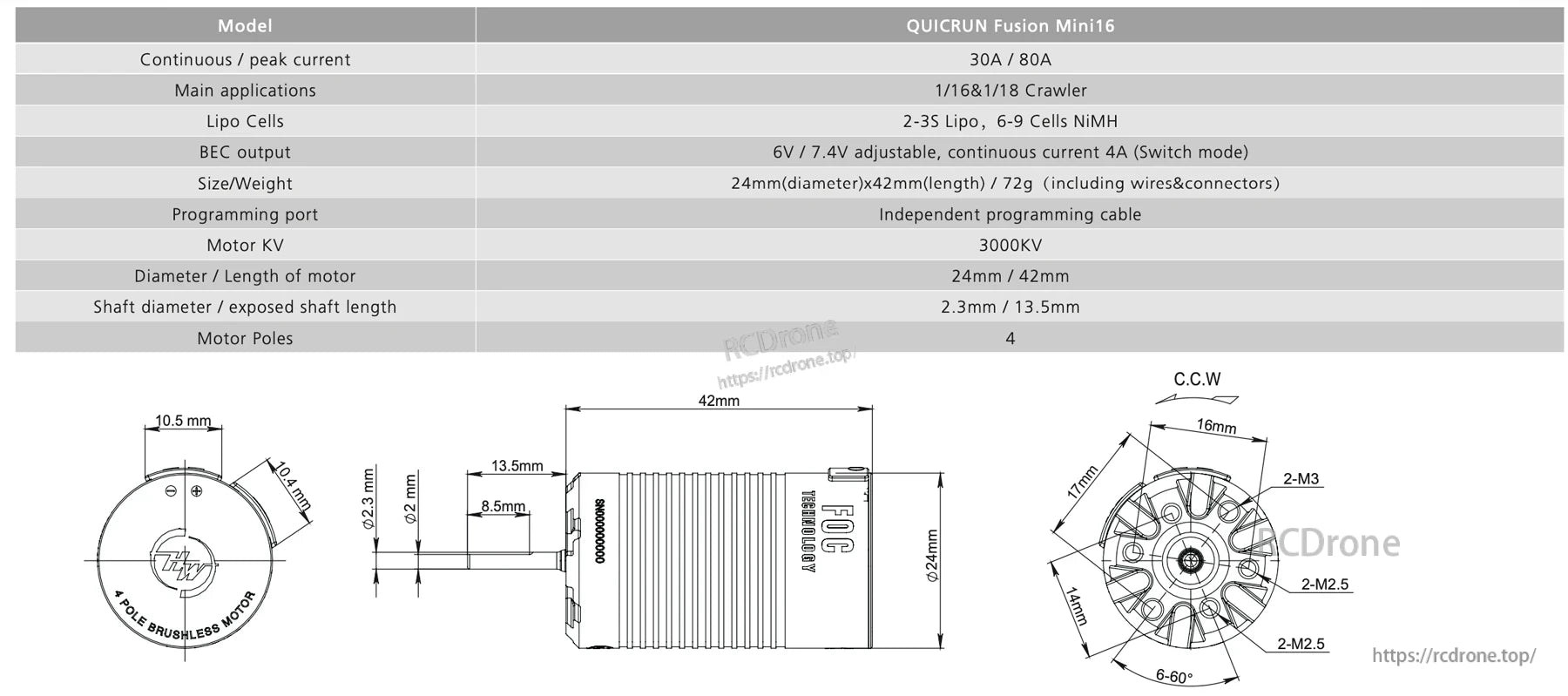 Hobbywing QuicRun Fusion Mini16 spec chart and motor dimensions showing 30A/80A, 3000KV, 24x42mm