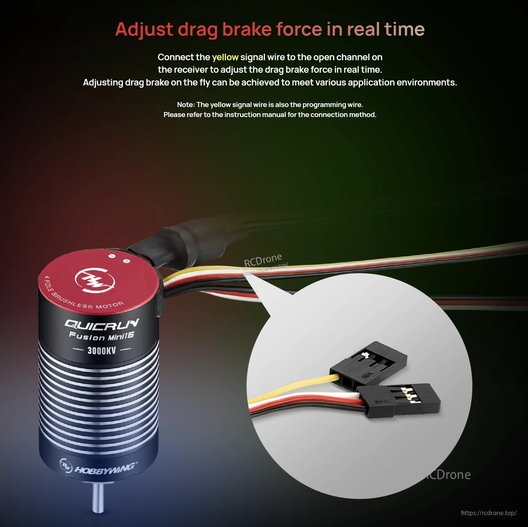 Hobbywing QuicRun Fusion Mini16 3000KV brushless motor with yellow signal wire and receiver plug for drag brake control
