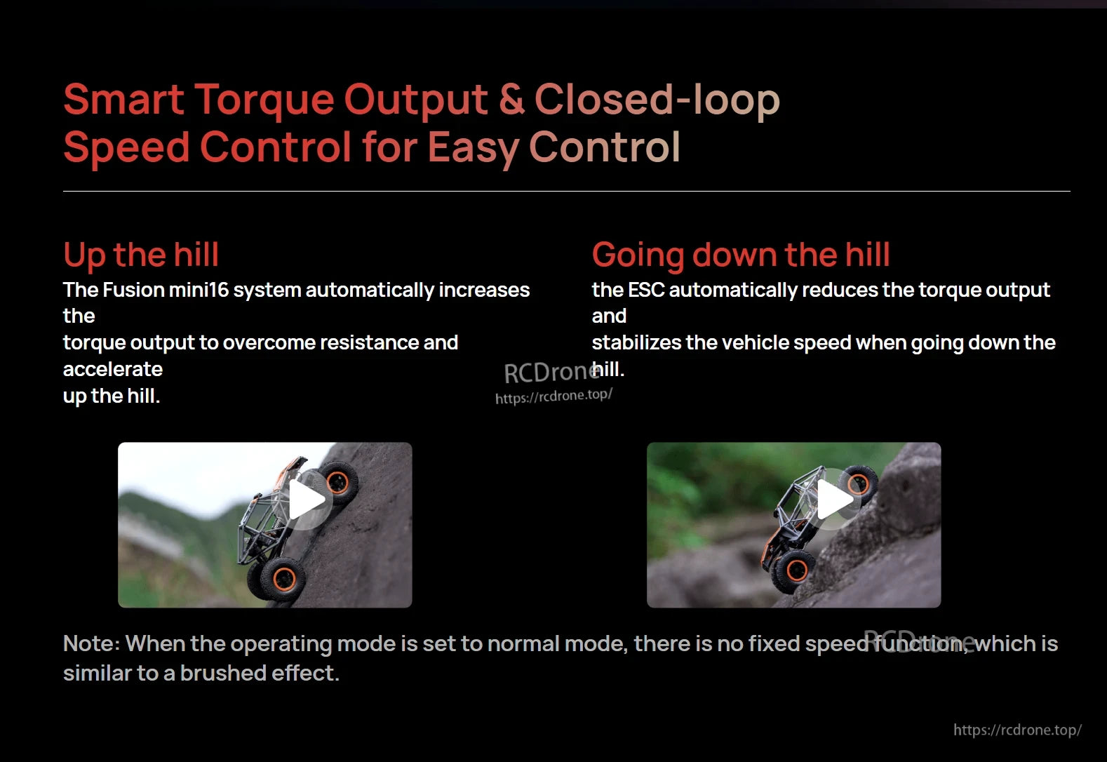Hobbywing Fusion Mini16 graphic explaining smart torque output and closed-loop speed control for crawling uphill and downhill