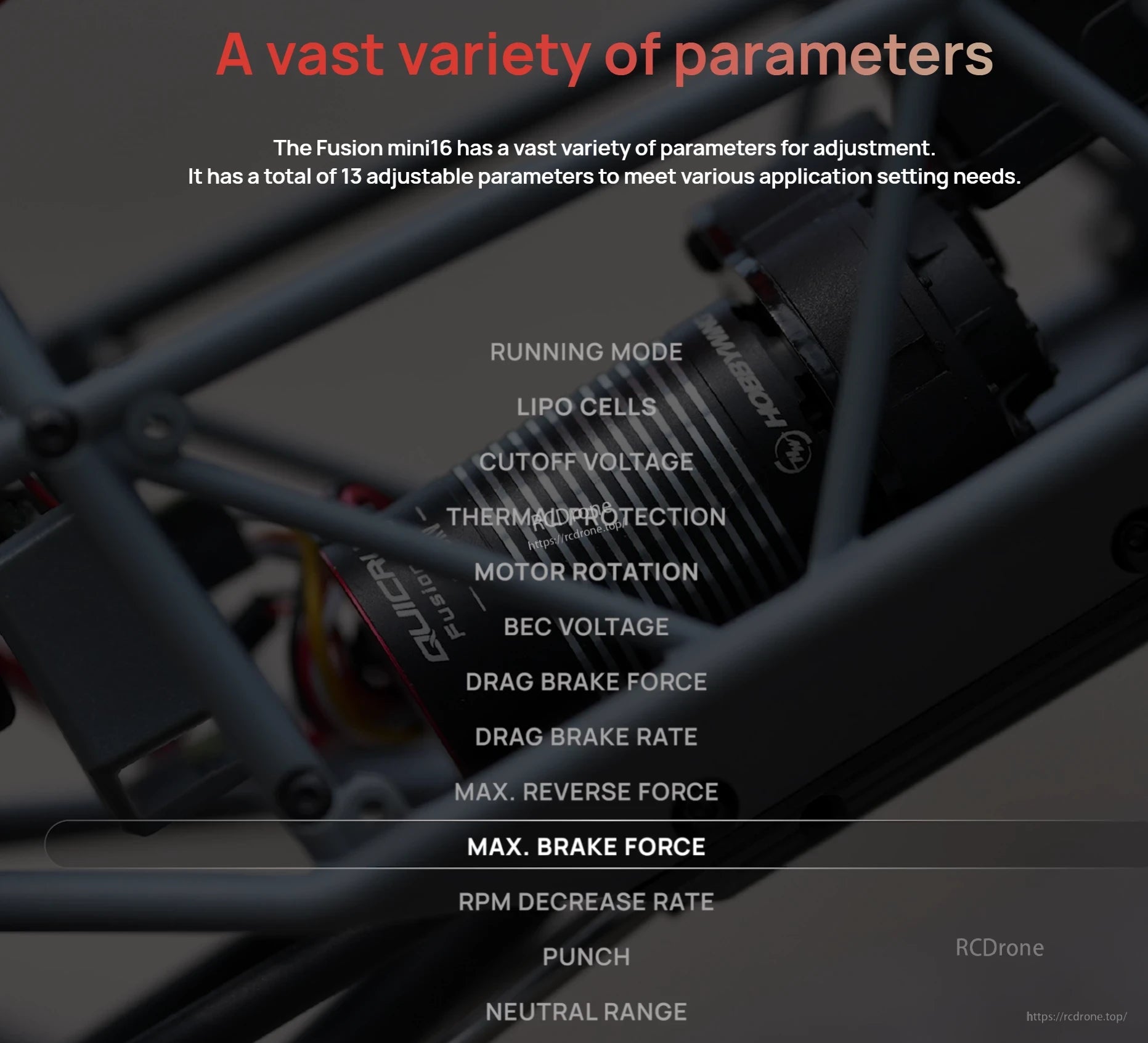 Hobbywing QuicRun Fusion Mini16 2-in-1 ESC motor system with on-screen list of 13 adjustable settings