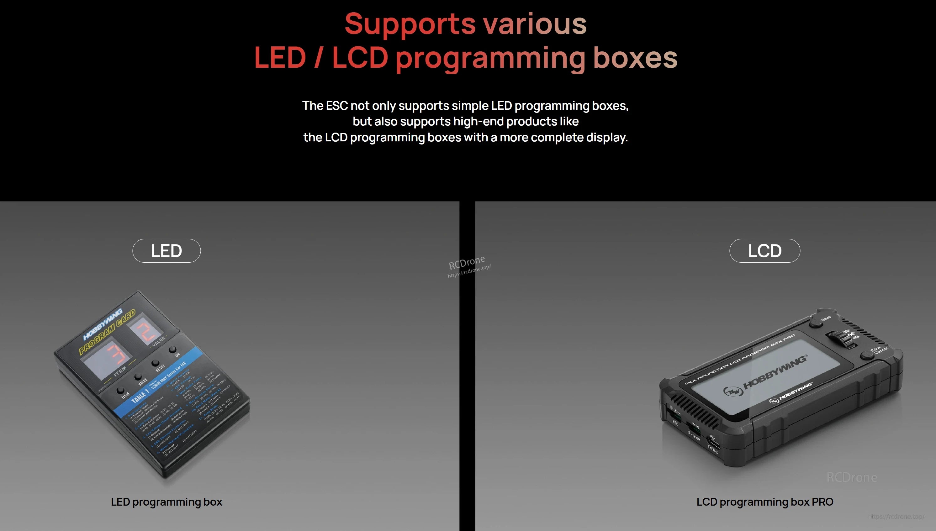 Hobbywing ESC programming options, showing LED program card and LCD programming box Pro devices