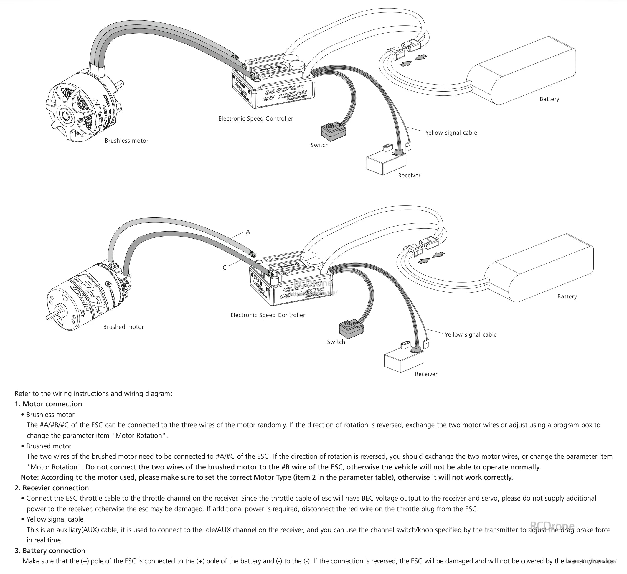 Wiring diagram for Hobbywing QuicRun WP 10BL80 crawler ESC showing brushless/brushed motor, battery, receiver and switch